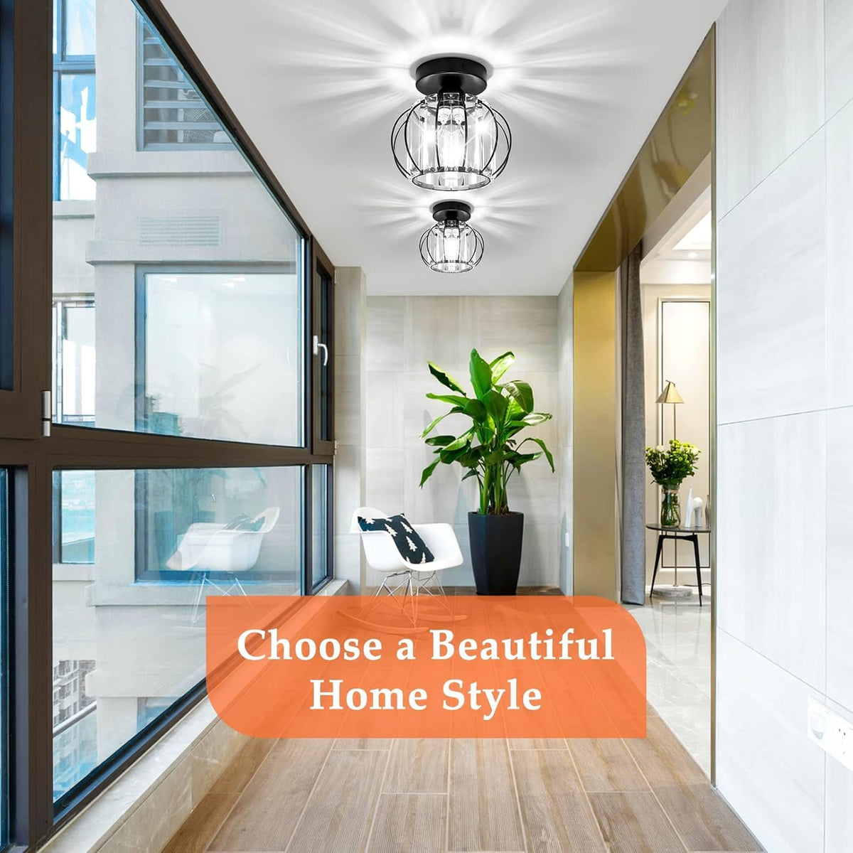 2-Pack Semi Flush Mount Ceiling Light Fixtures Small Crystal Black Metal Cage Indoor U132