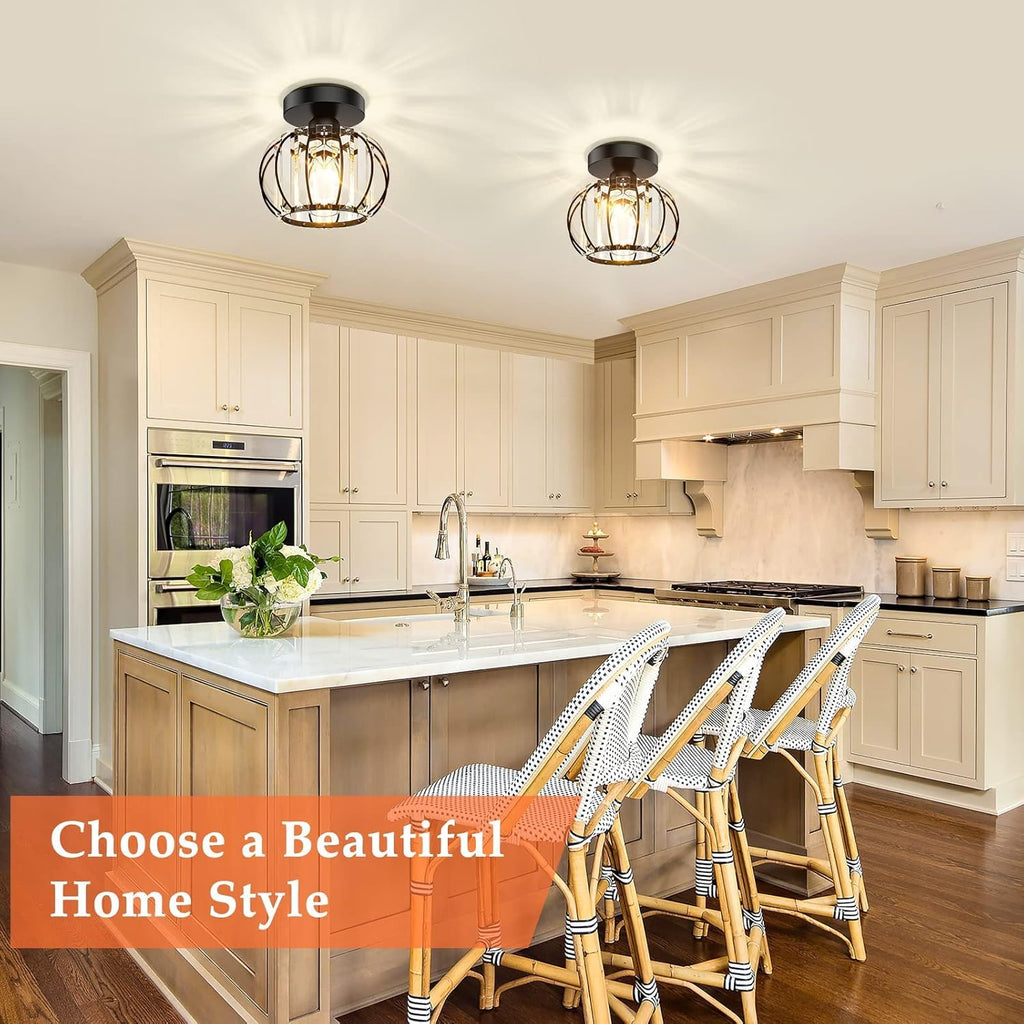 2-Pack Semi Flush Mount Ceiling Light Fixtures Small Crystal Black Metal Cage Indoor U132