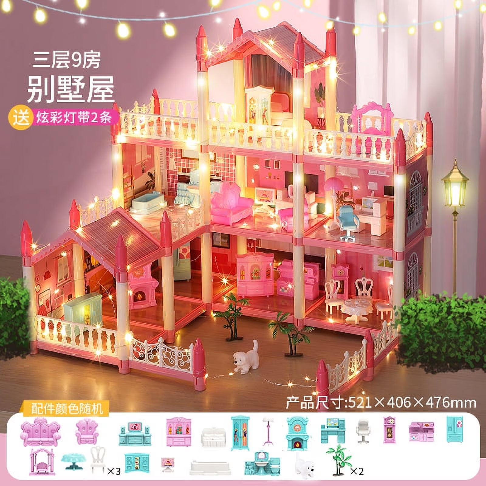 3 Stories 9 Rooms Doll House with Furniture Accessories I23067