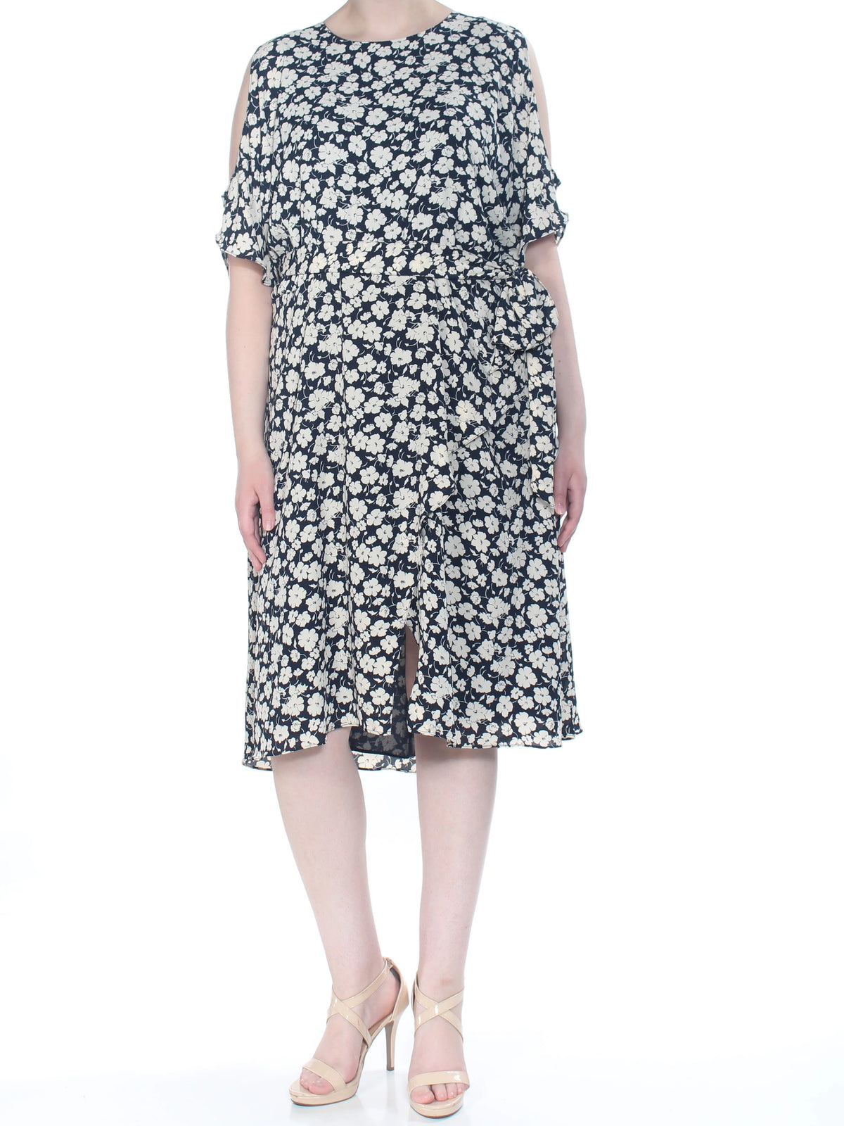 Navy Floral Short Sleeve A-Line Dress Plus 16W W768244