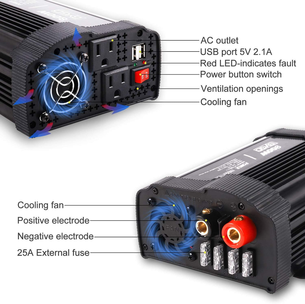 800W Power Inverter 12V DC to 110V AC Converter with Dual AC Outlets, Pack of 2 R53976