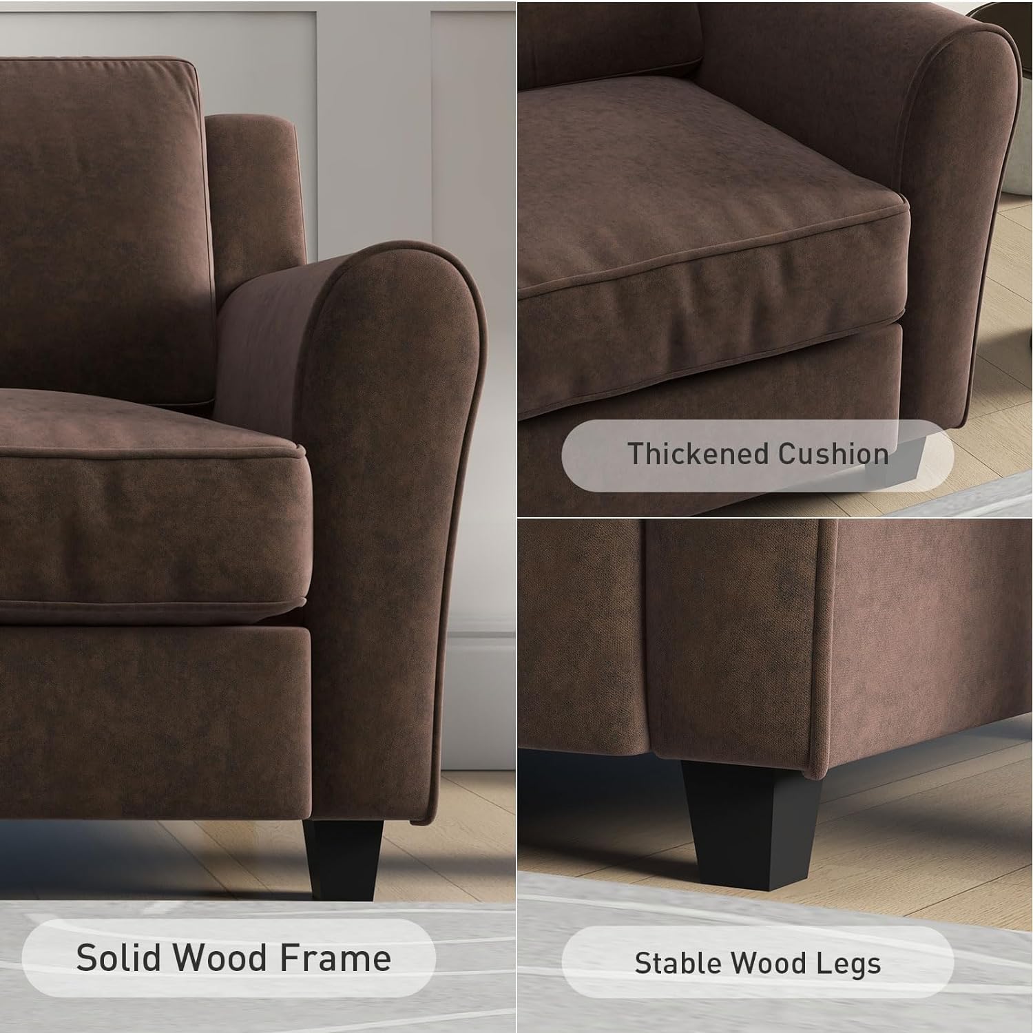 Brown 3 Seater Sofa Couch with Thicked Cushion M543