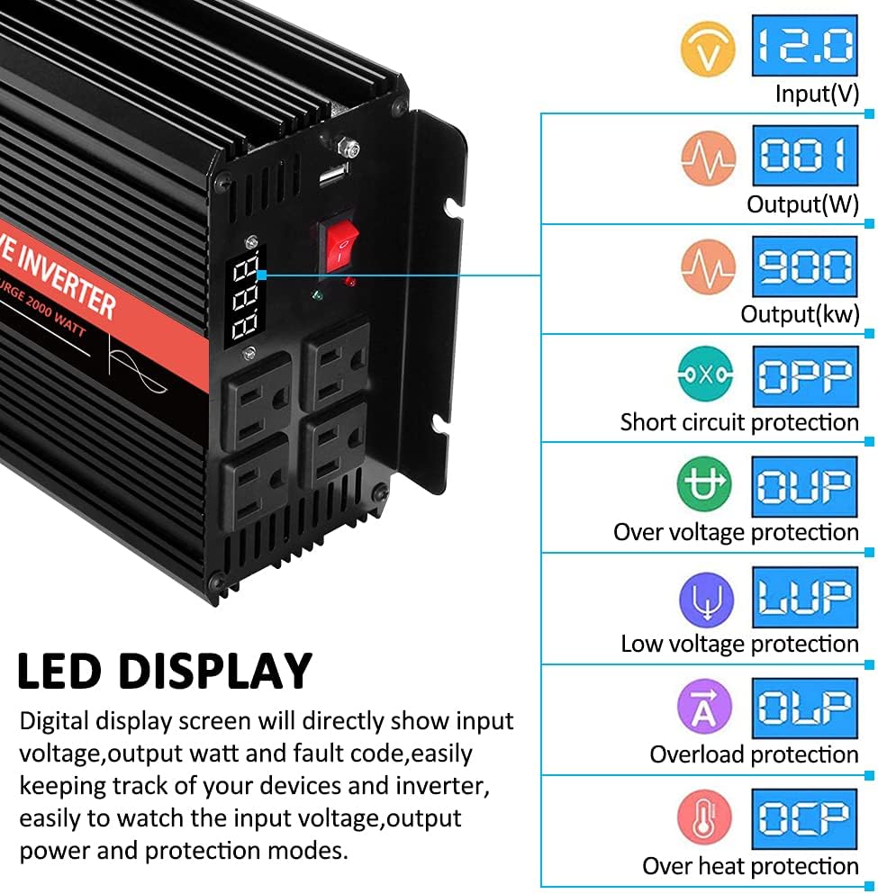 2000 Watt 12V DC to 110v/120v AC Power Inverter with 4 AC Outlets and USB Output E7999