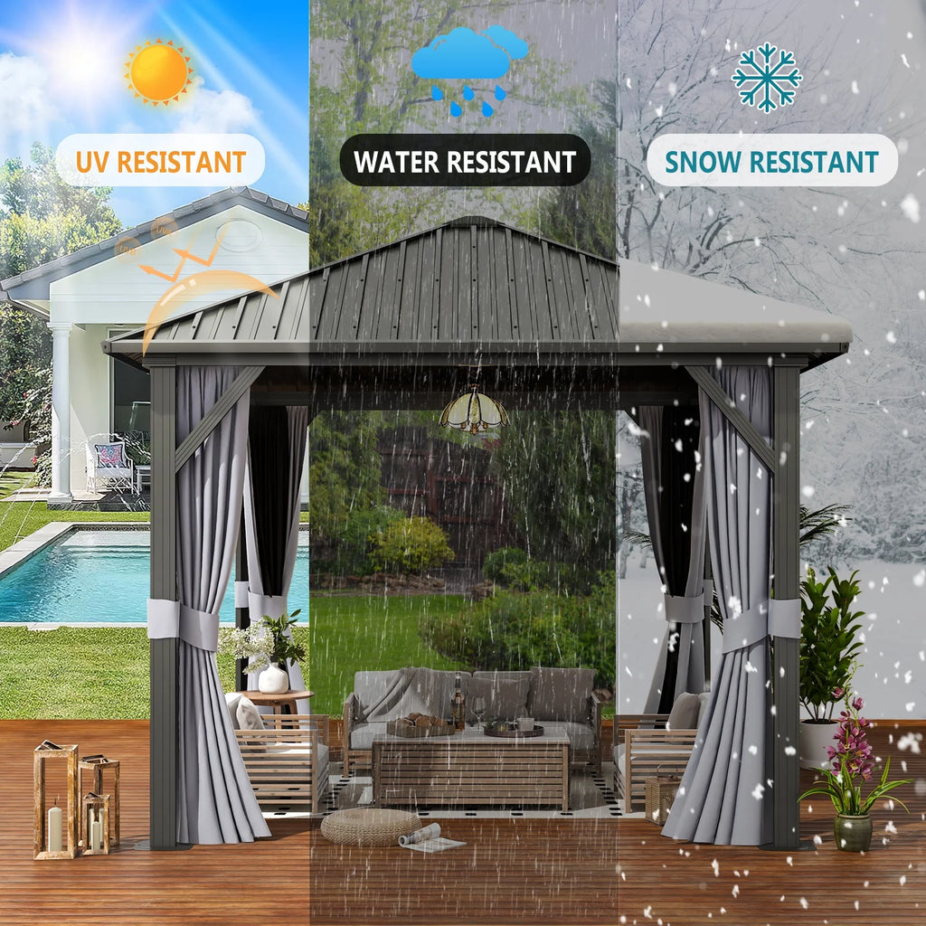 10x 10 Hardtop Gazebo with Netting and Curtain, Gray Z498499