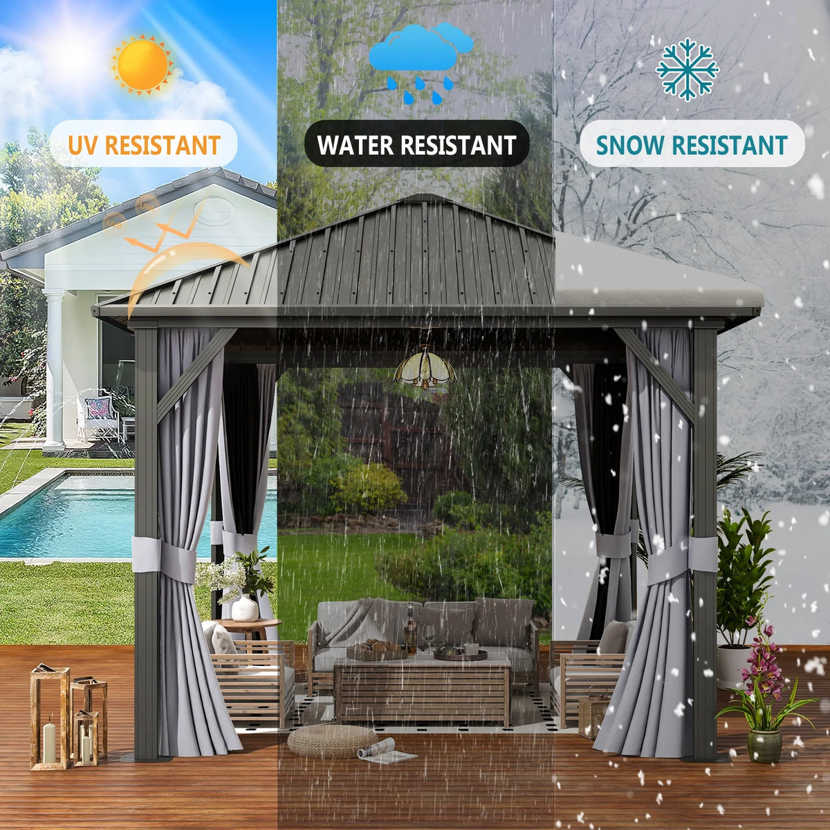 10x 10 Hardtop Gazebo with Netting and Curtain, Gray Z498499