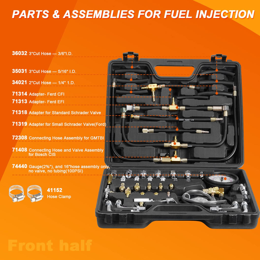 Fuel Injection Pressure Gauge Tester Kit with Adapter Fitting Set, Dual Scale 0-140 PSI / 10 Bar, Pack of 2 P698