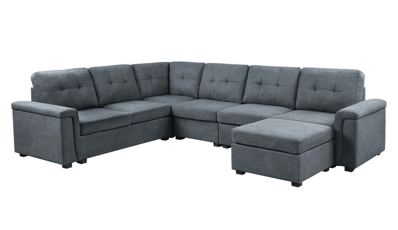 Gray Woven Fabric 7-Seater Sectional Sofa with Ottoman N11940