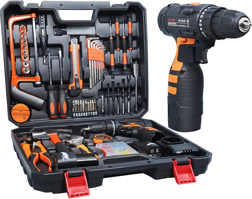 16.8V Cordless Drill with 91 Piece Tool Set and Plastic Toolbox Storage Case A32454