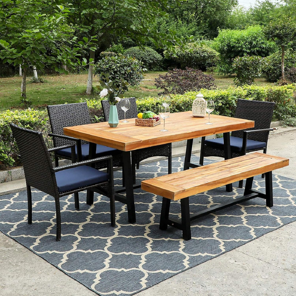 6 Pieces Patio Dining Set with PE Rattan Chairs, Cushions, Rectangle Acacia Wood Table and Bench Z1548