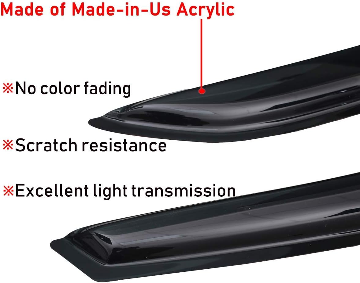 Tape-on Side Window Visor Deflector Rain Guard, Dark Smoke Shatterproof, 4 PCS Set T377
