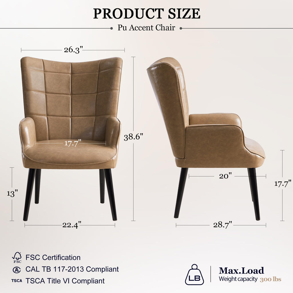 Mid-Century Accent Chairs, PU Leather, Solid Wood Legs, Amber, Set of 2 U367