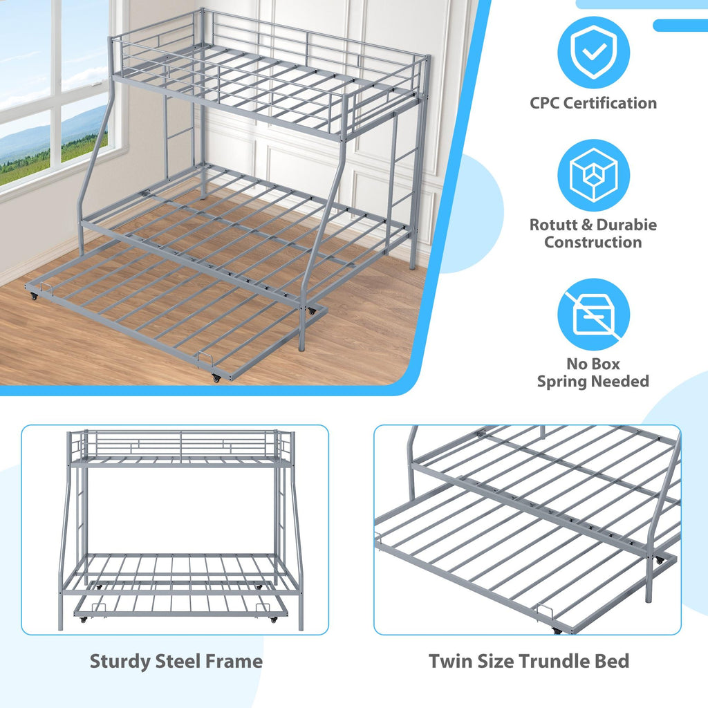 Twin Over Full Metal Bunk Beds with Trundle Bed and Side Ladders L48360