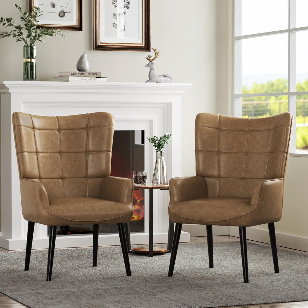 Mid-Century Accent Chairs, PU Leather, Solid Wood Legs, Amber, Set of 2 U367