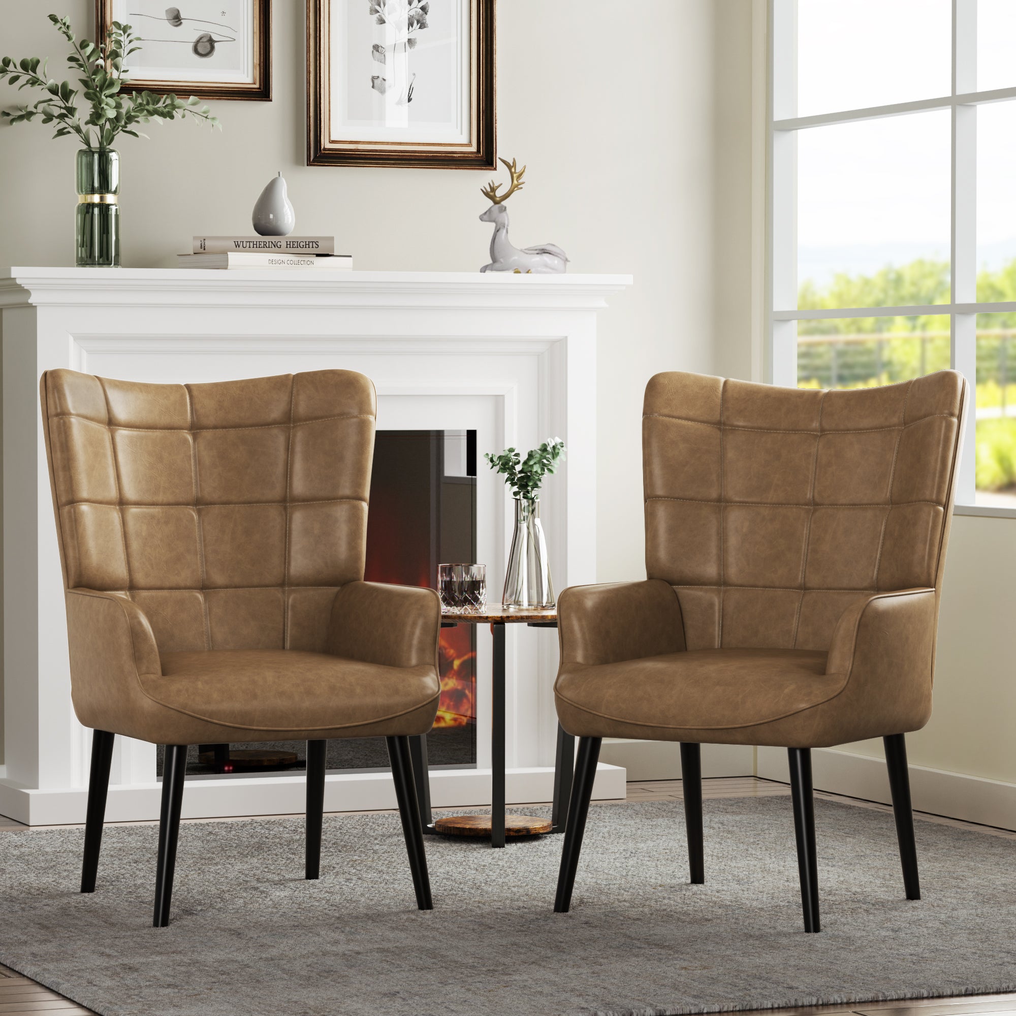 Mid-Century Accent Chairs, PU Leather, Solid Wood Legs, Amber, Set of 2 U367