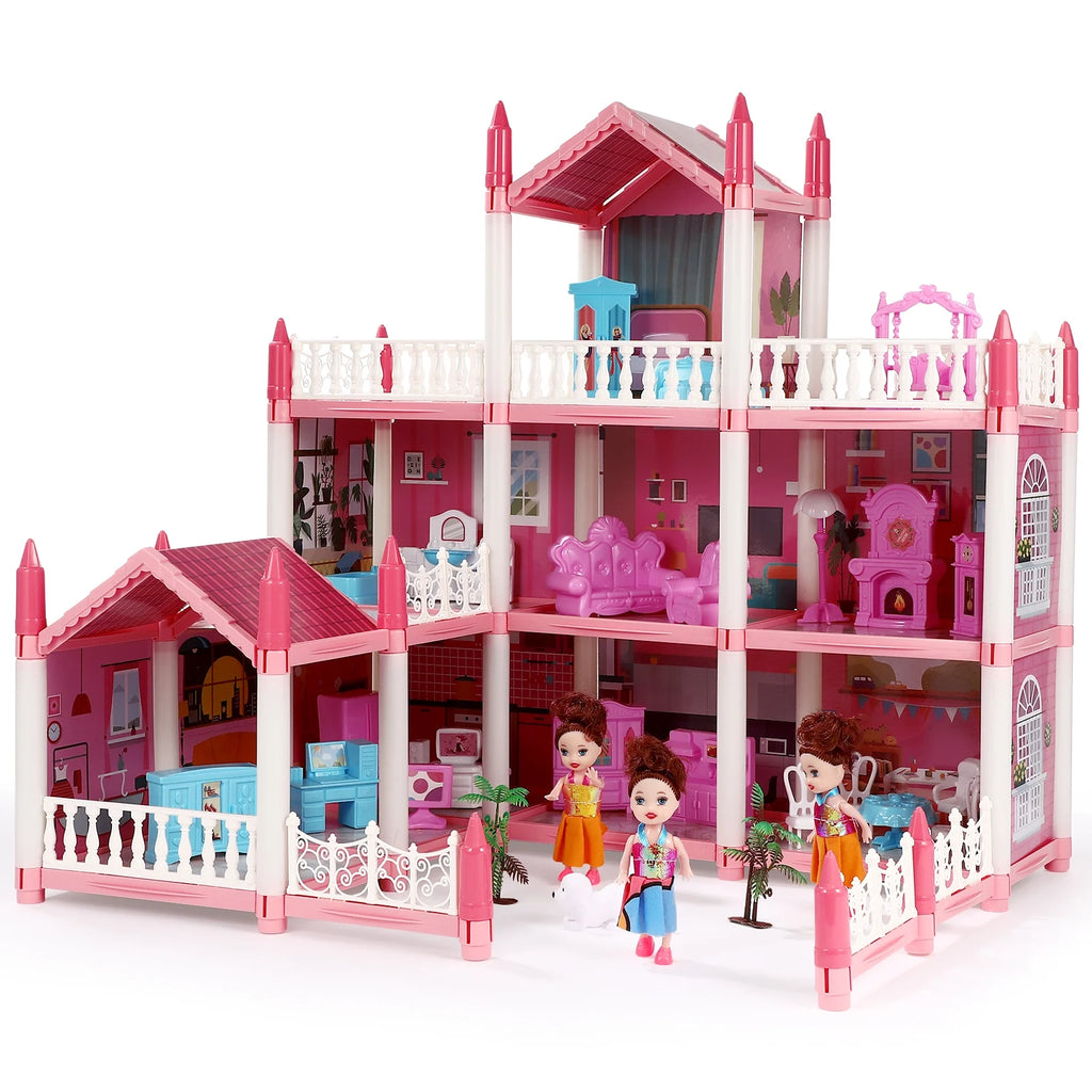 3 Stories 9 Rooms Doll House with Furniture Accessories I23067