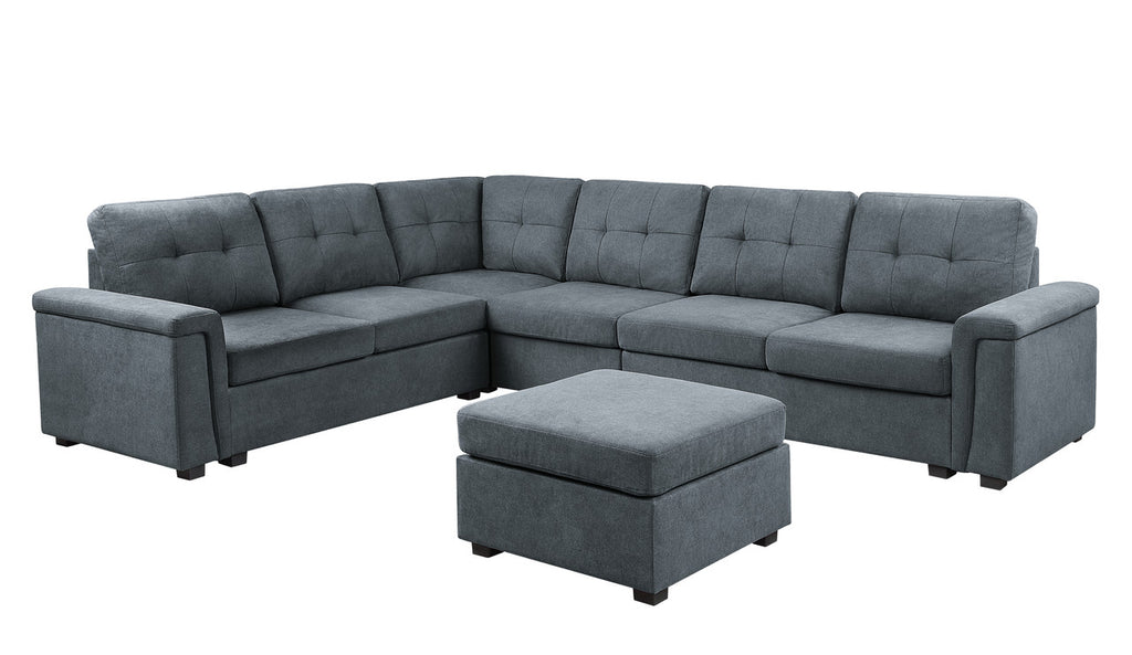 Gray Woven Fabric 7-Seater Sectional Sofa with Ottoman N11940