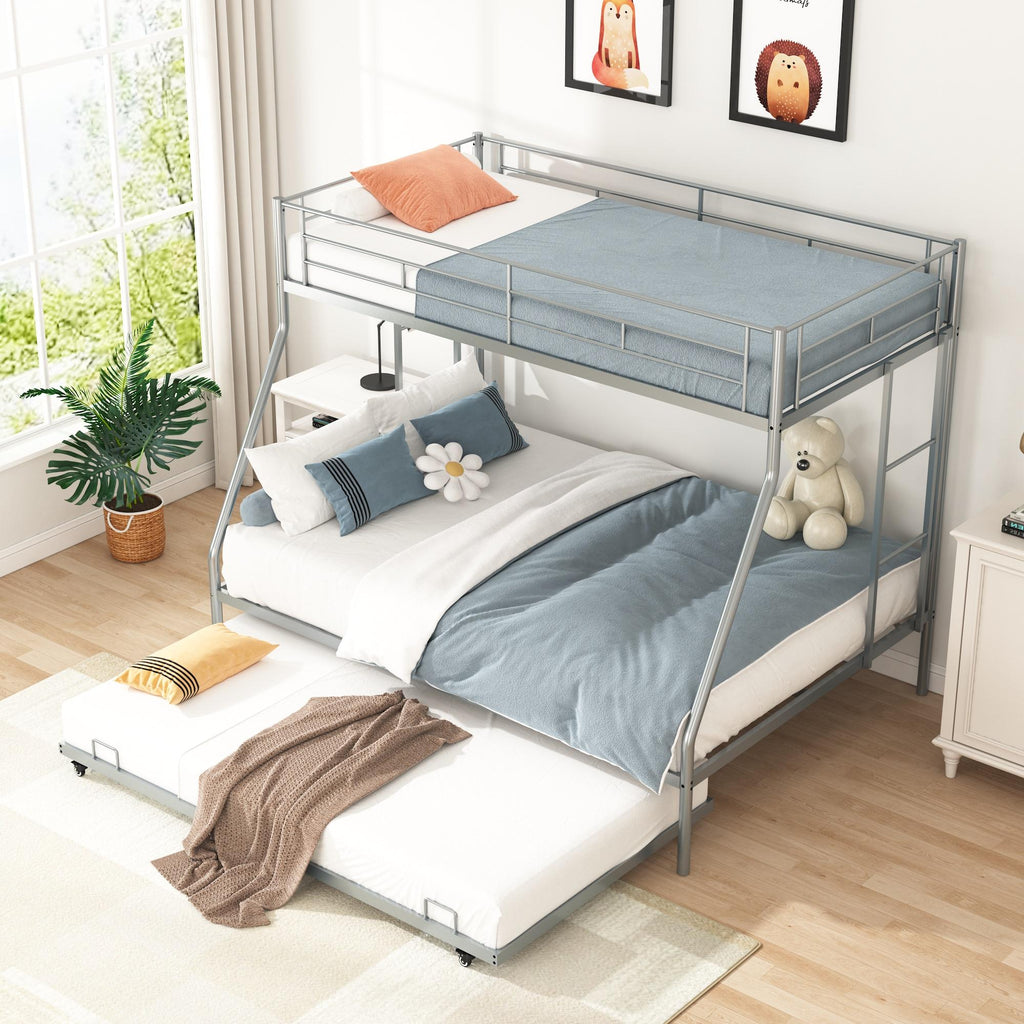 Twin Over Full Metal Bunk Beds with Trundle Bed and Side Ladders L48360