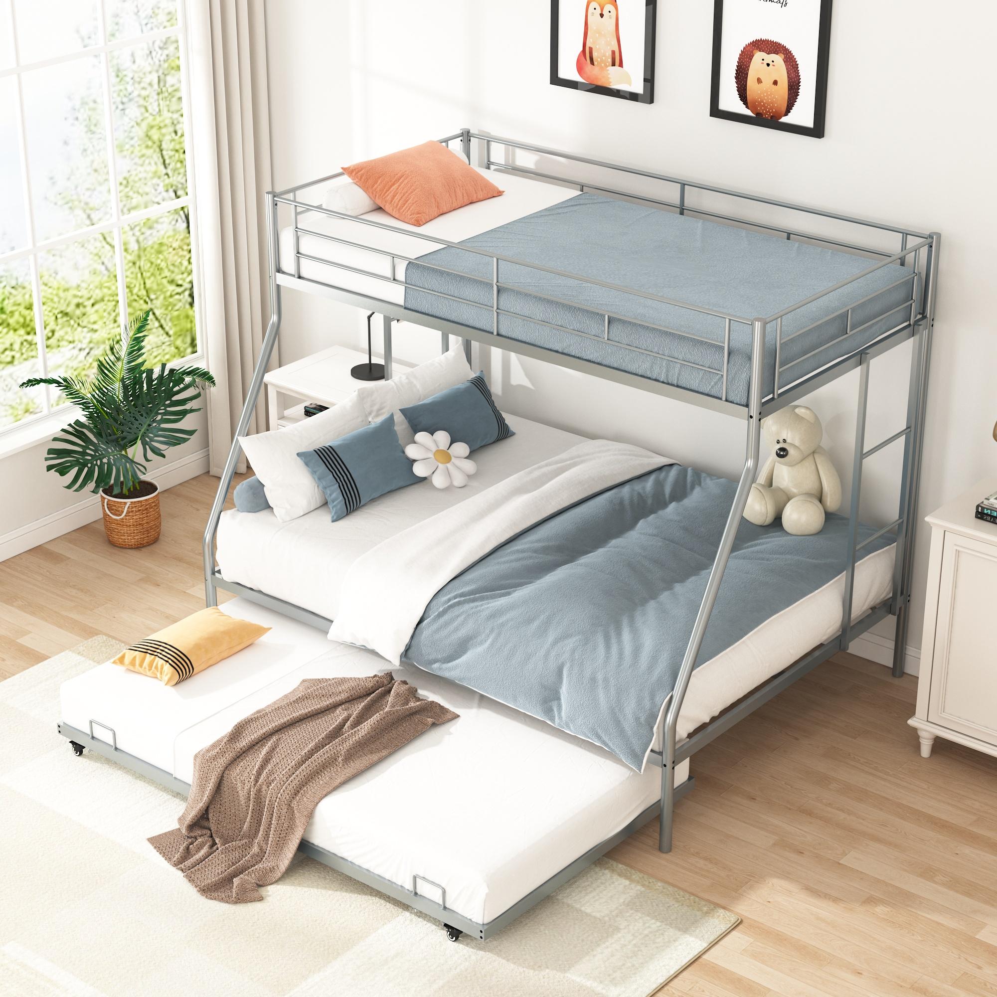 Twin Over Full Metal Bunk Beds with Trundle Bed and Side Ladders L48360