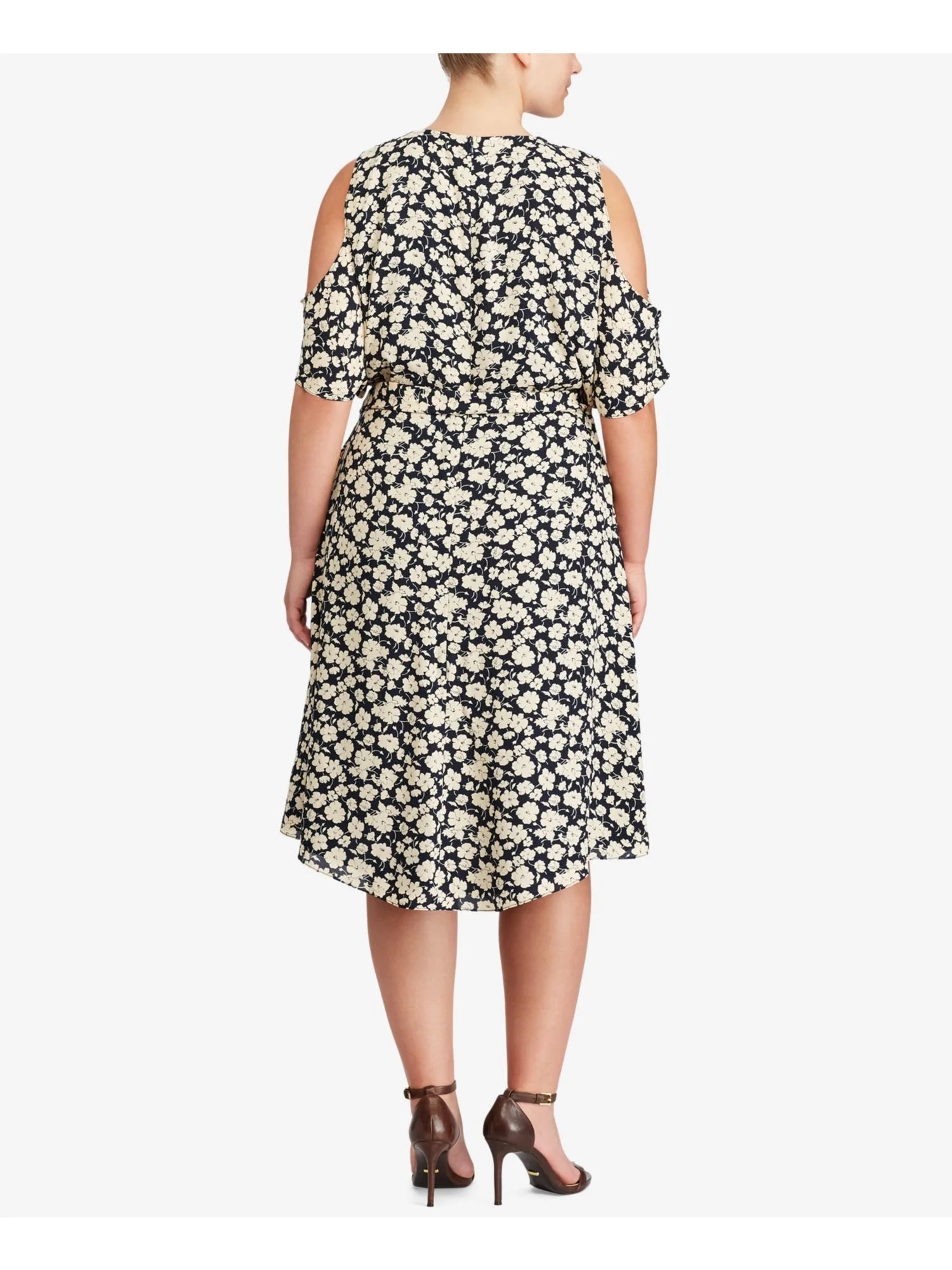 Navy Floral Short Sleeve A-Line Dress Plus 16W W768244