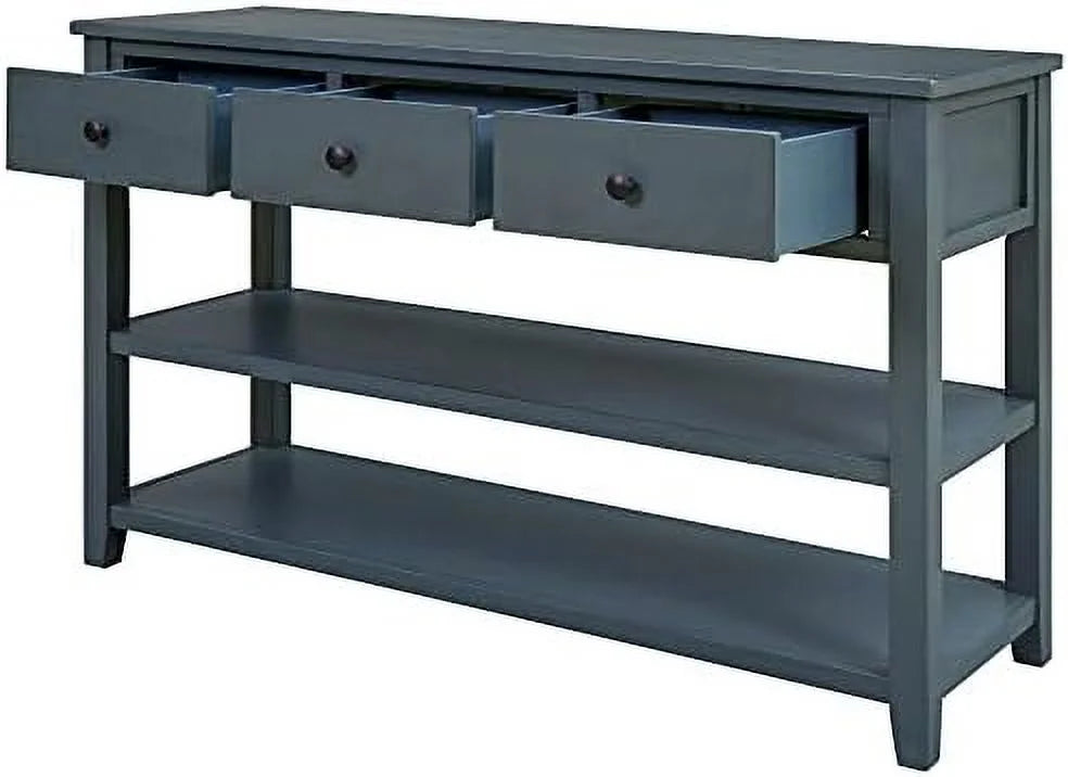 Mid-Century Style Console Table with Three Top Drawers and Two Open Bottom Shelves, Pine Solid Wood Frame and Legs F122