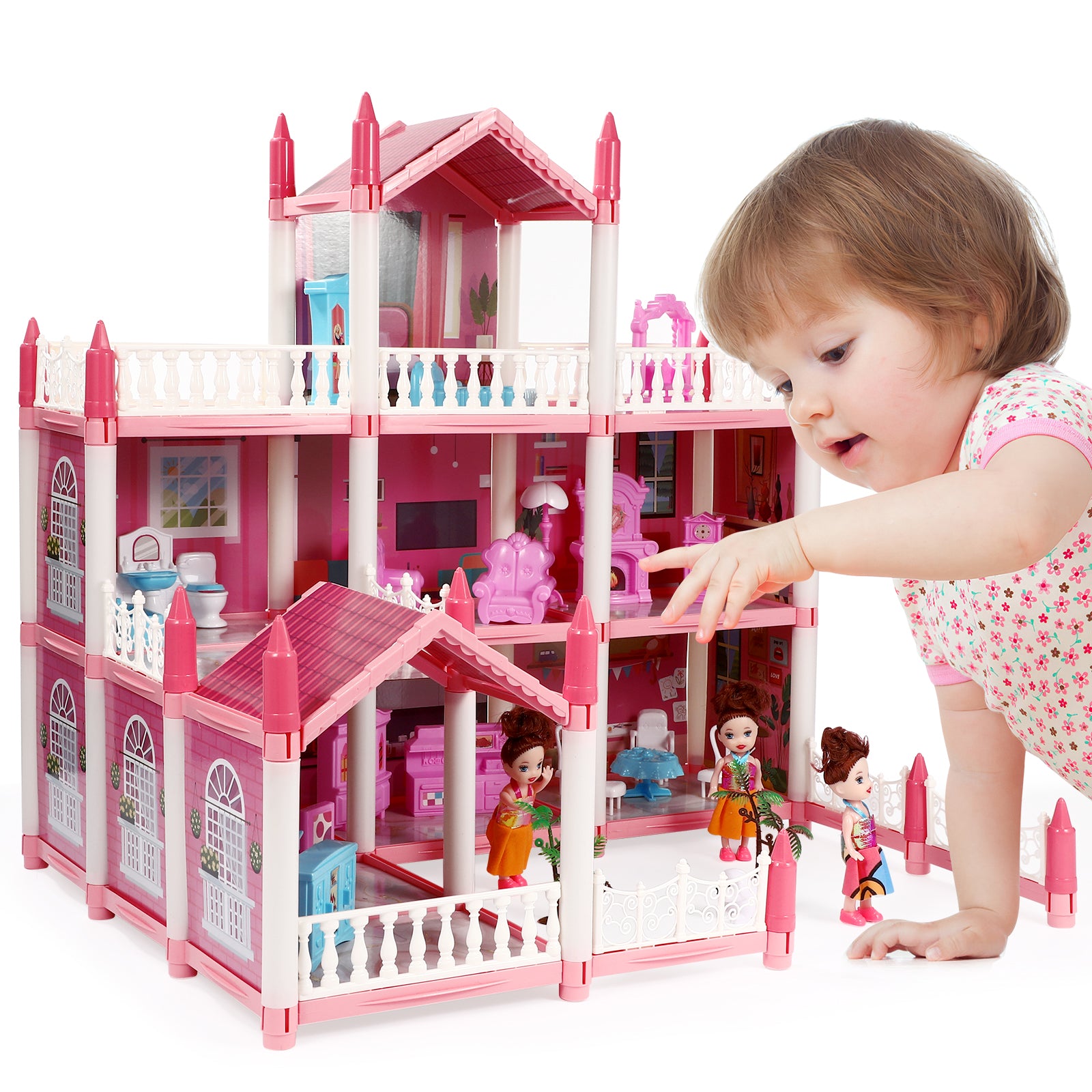 3 Stories 9 Rooms Doll House with Furniture Accessories I23067