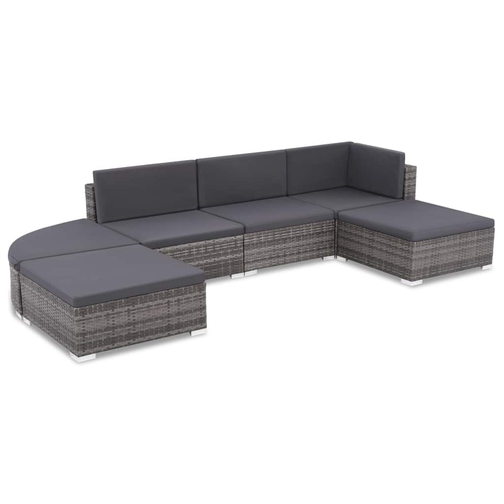 Set of 6 Poly Rattan Patio Sectional Corner Sofa with 2 Ottoman and Cushions Gray F58470