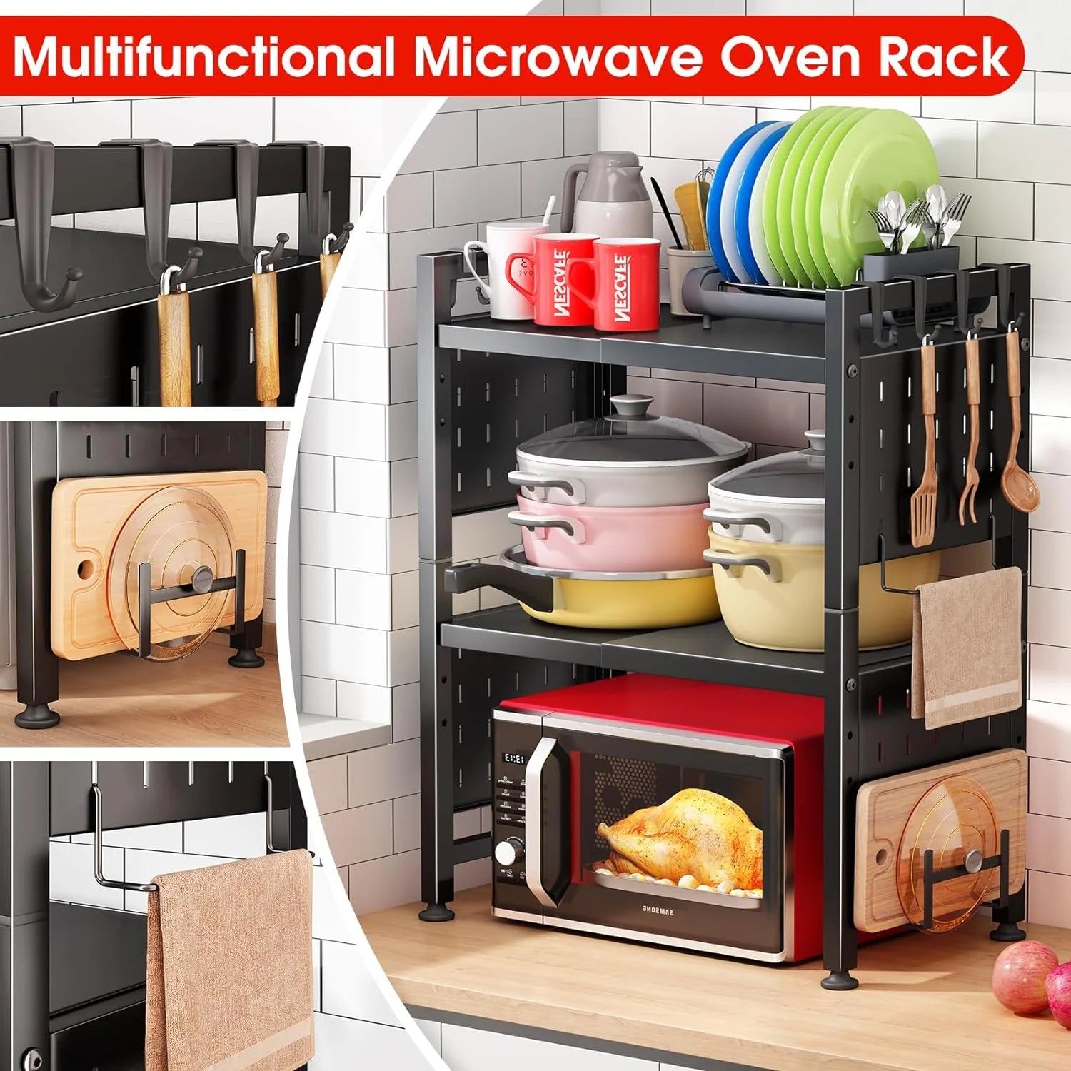 3-Tier Heavy Duty Microwave Stand with 9 Hooks and Cutting Boards Z1929