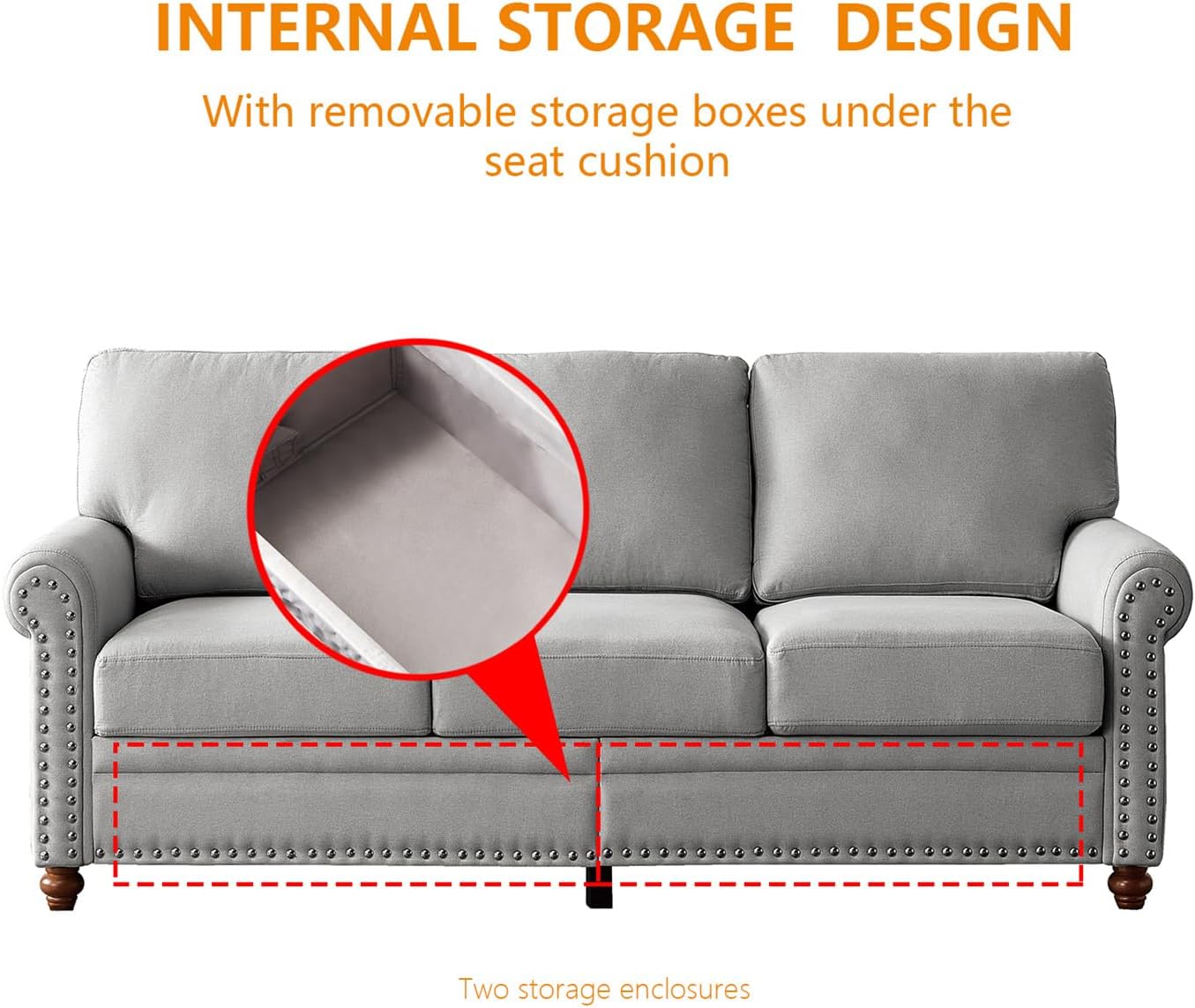Grey Fabric Upholstered Sofa with Storage and Solid Wood Legs X599