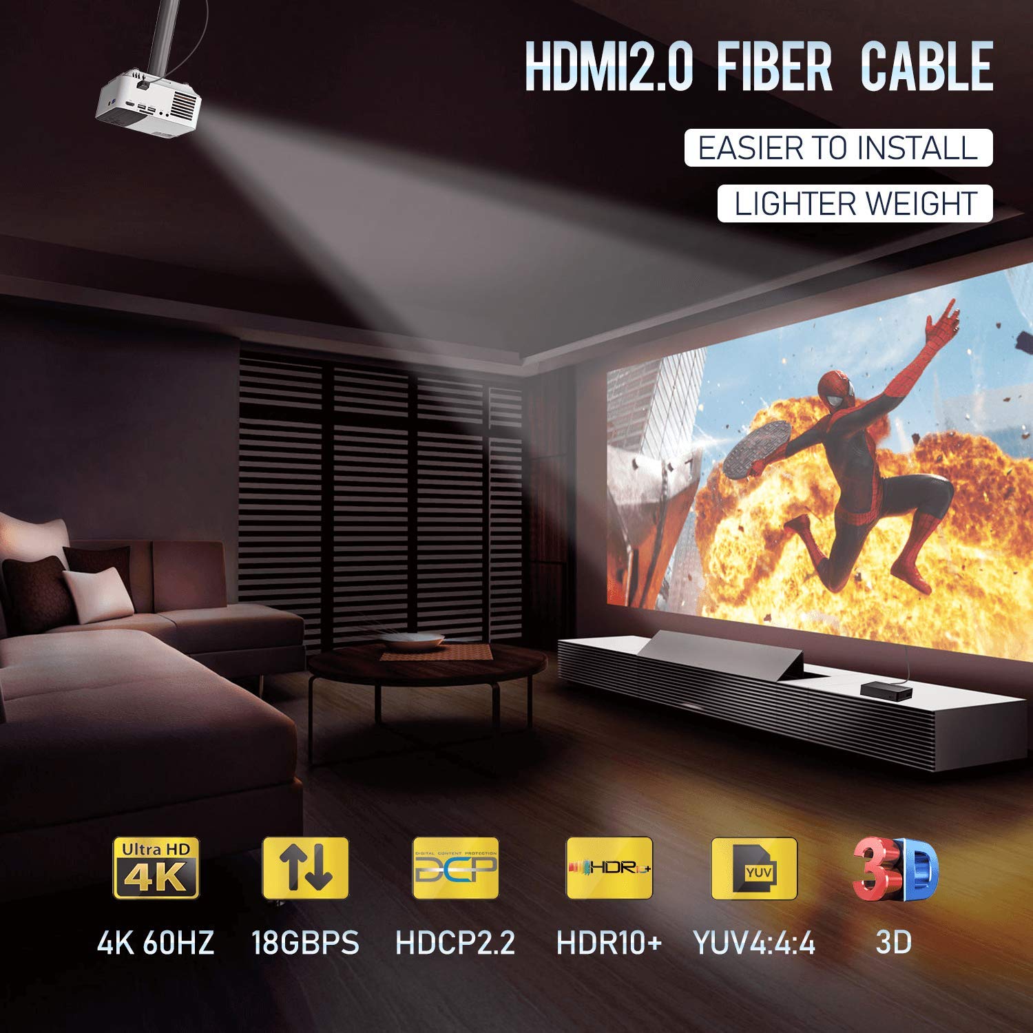 HDMI Ultra Thin Fiber Optic Cable 80ft 4K 60Hz HDMI 2.0b High Speed 18Gbps H374