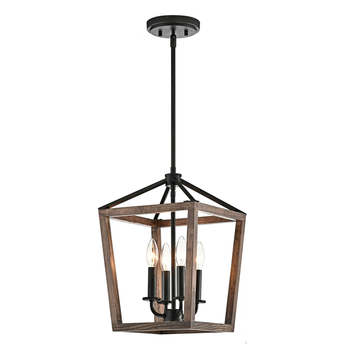 4-Light Antique Black Iron and Wood Cage Chandelier I42203