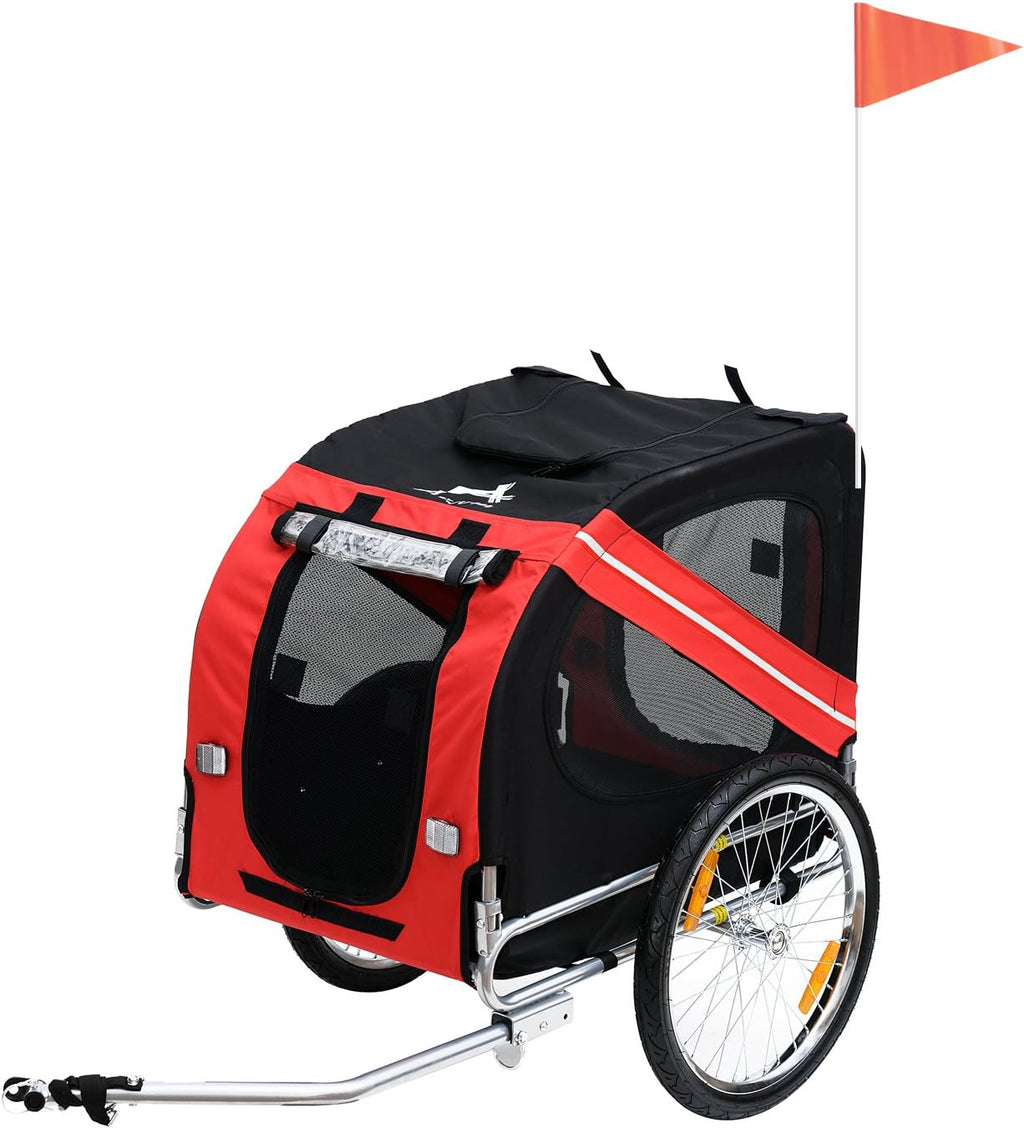 Red/Black Dog Bike Trailer Pet Cart Bicycle Wagon Cargo Carrier with 3 Entrances Large Wheels Mesh Screen F15663