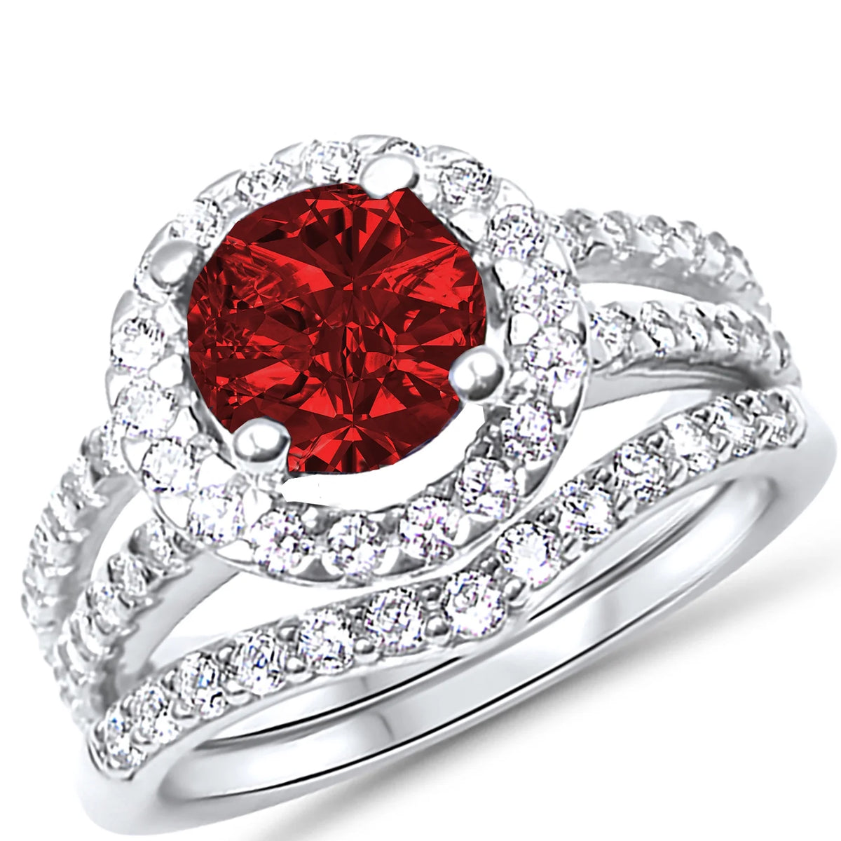 Ruby Red CZ Titanium Couples Wedding Rings Set E99658