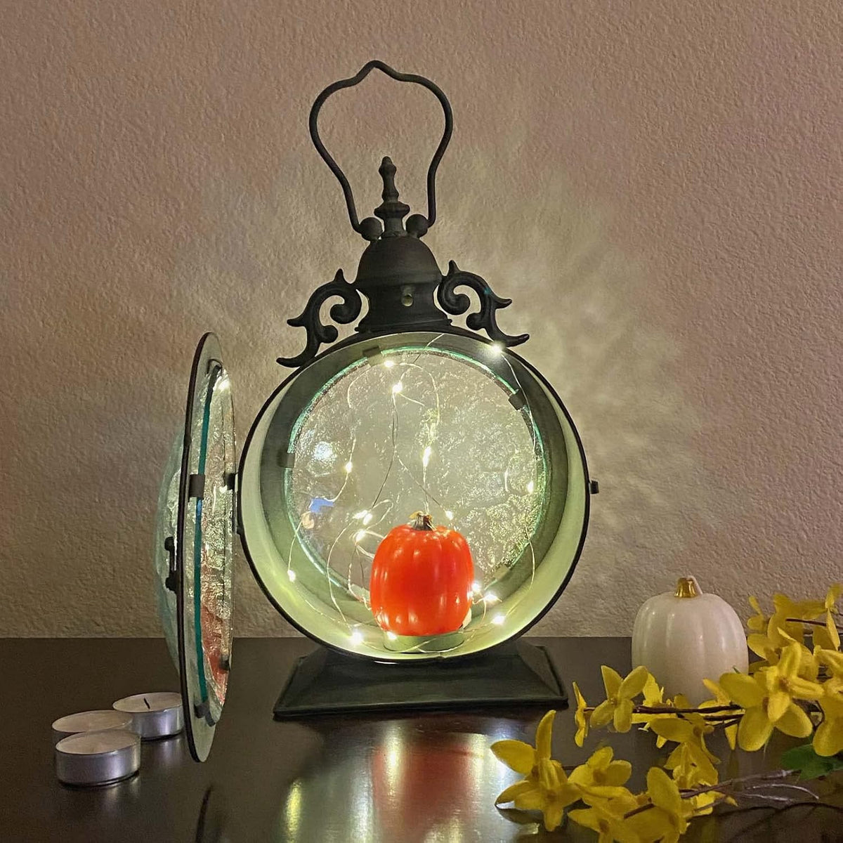 Metal Round Hanging Candle Lantern with Curved Glass Insert B5700