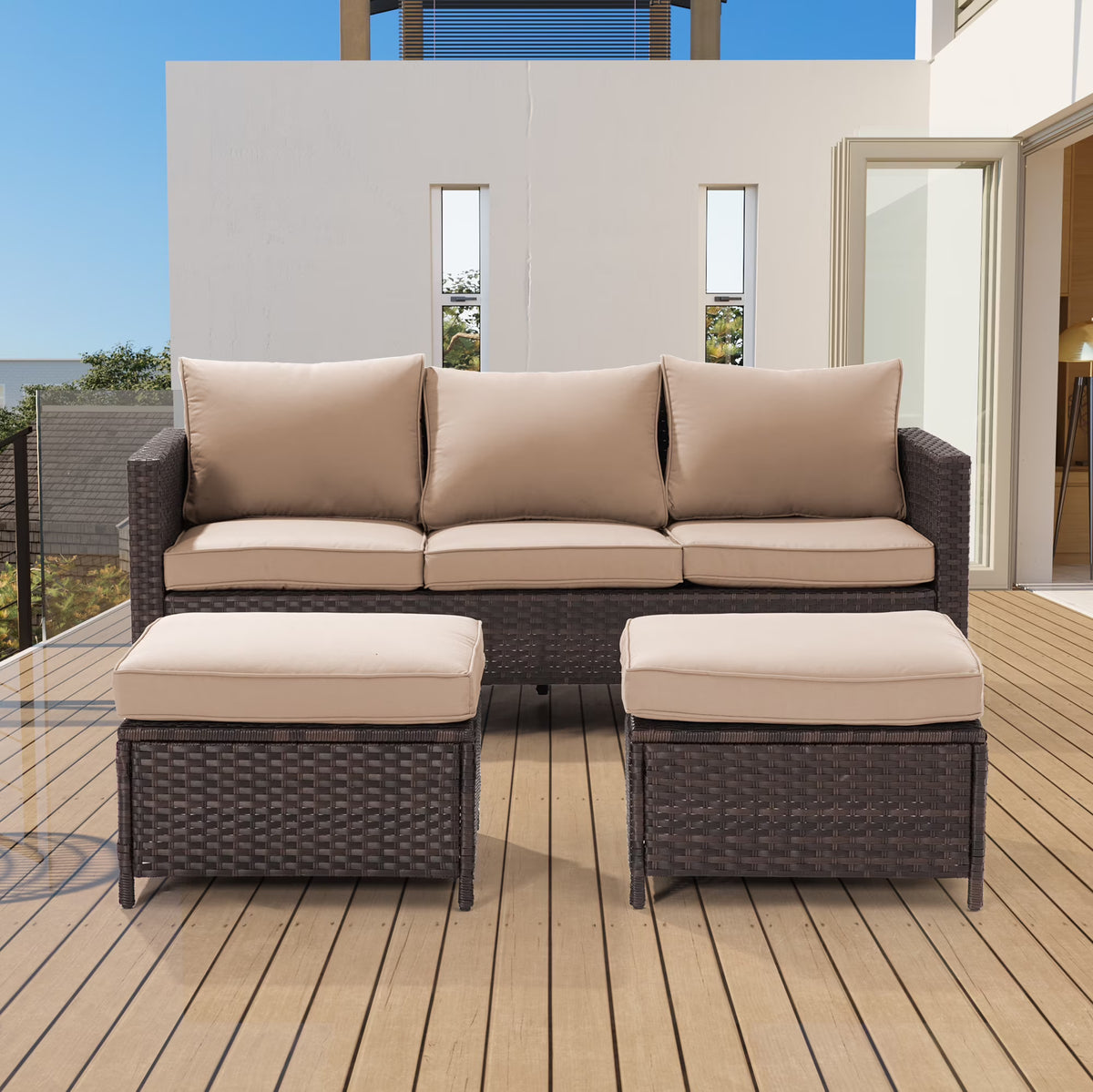 3-Piece Rattan Patio Sofa Set with Ottomans C168