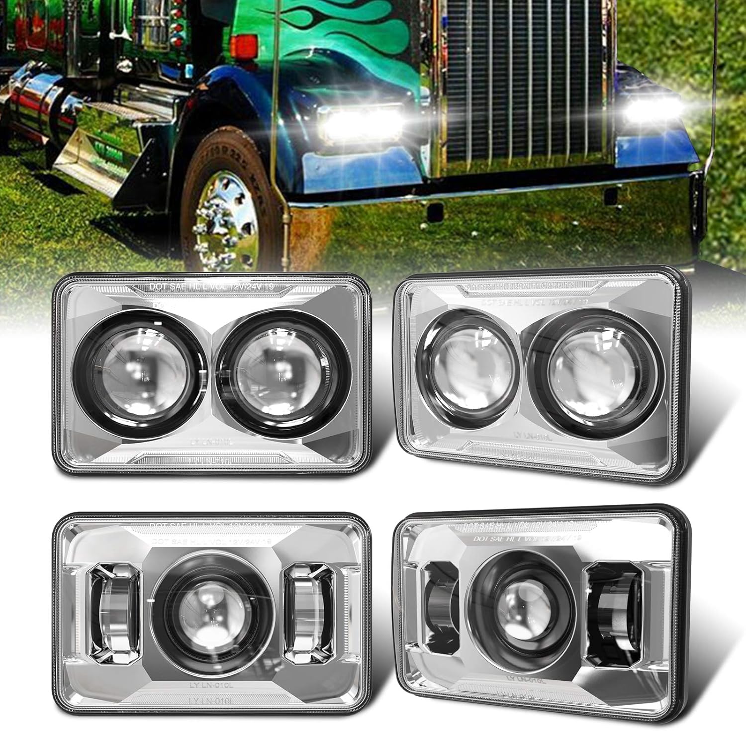 60W 4x6 inch LED Headlights Hi/lo Beam Separately Chrome M942821