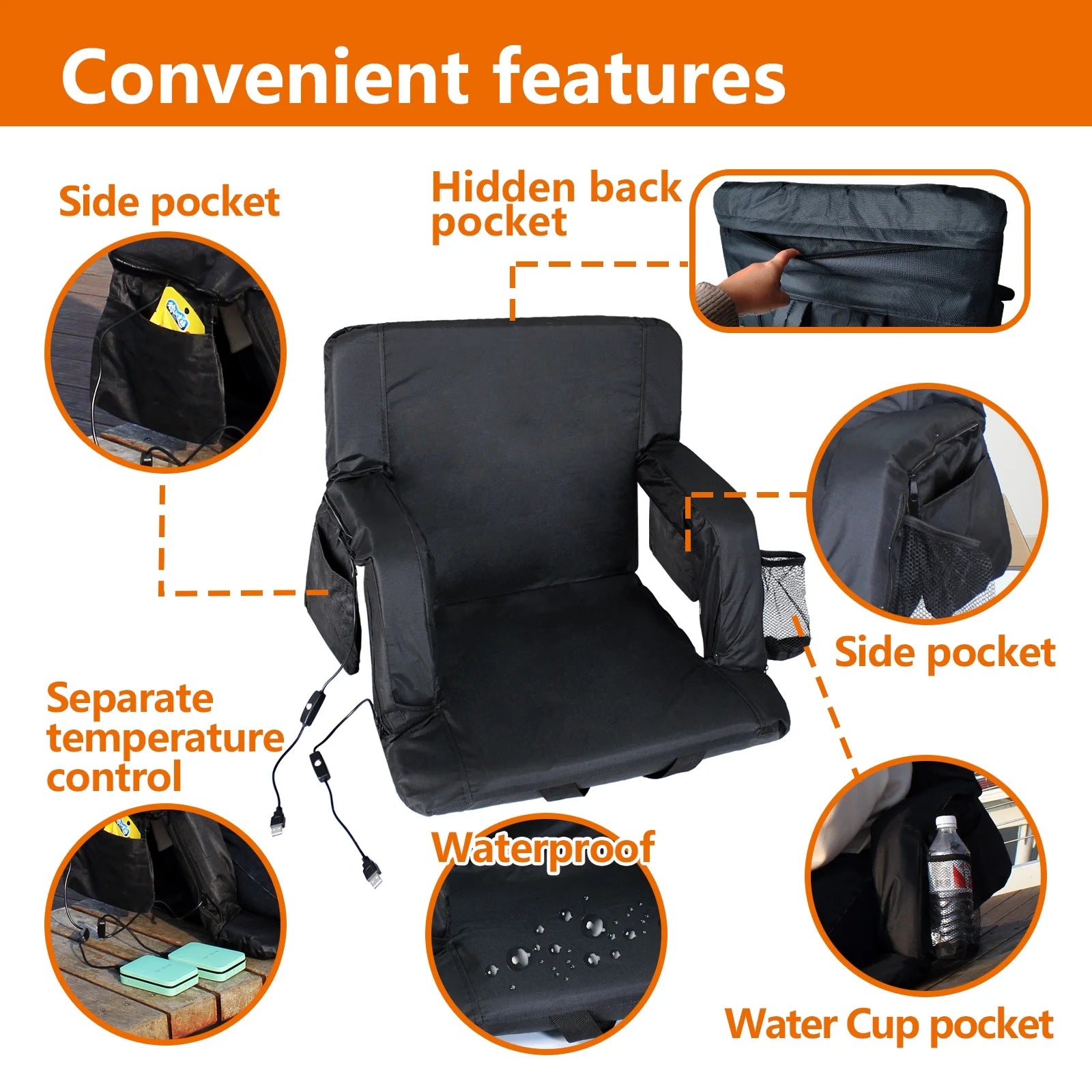 Double Heated Stadium Seat with Back Support, 21" Extra Wide Folded Bleacher Chair F370