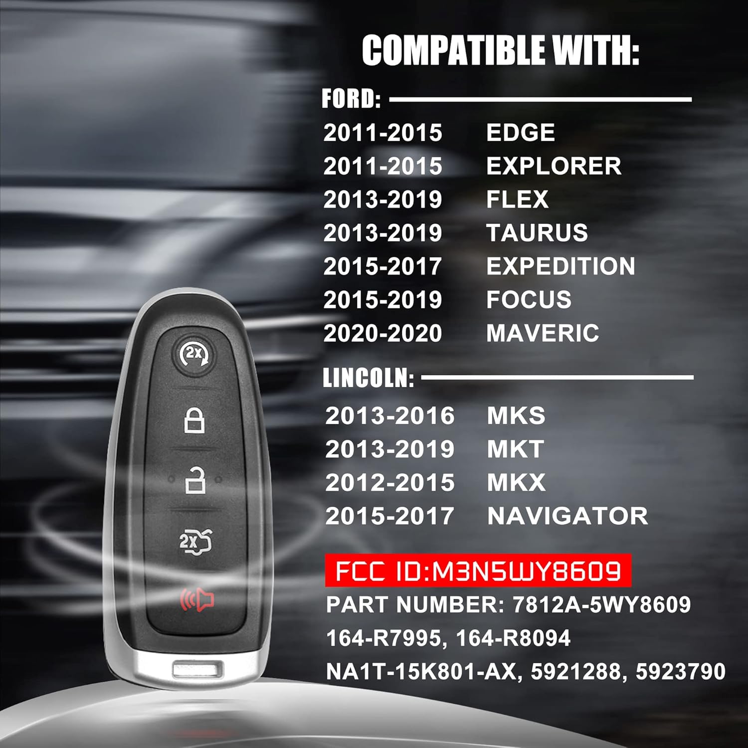 Keyless Entry Remote Car Key Fits for Ford Edge Explorer Flex Taurus Focus Lincoln MKT MKX MKS Navigator K3804