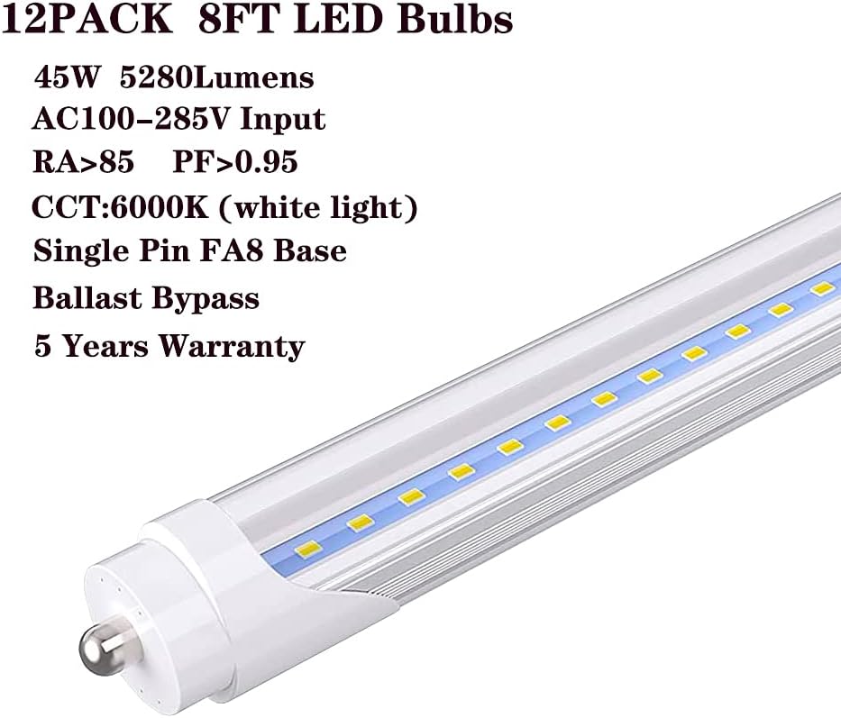 8FT T8 44W 6000K Cool White Clear Cover Led Shop Light (Pack of 12) V25763