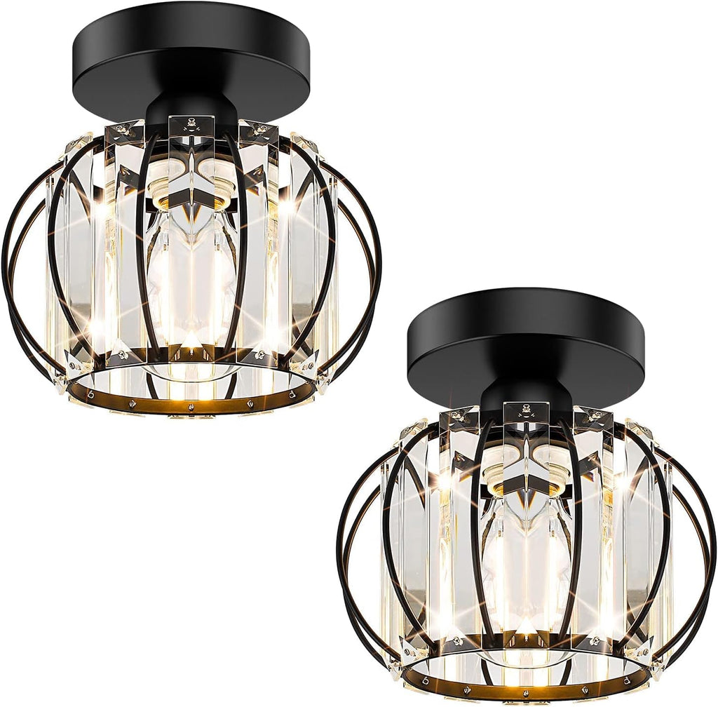 2-Pack Semi Flush Mount Ceiling Light Fixtures Small Crystal Black Metal Cage Indoor U132
