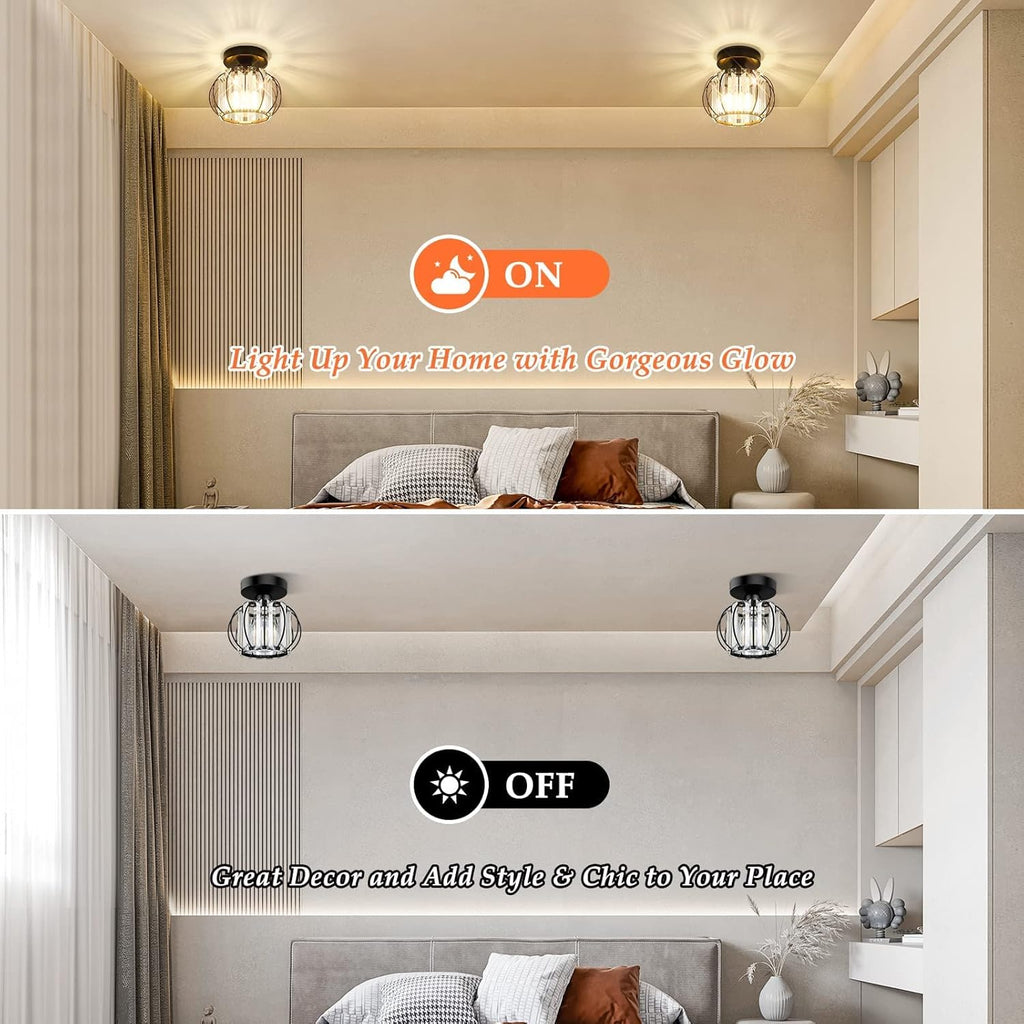 2-Pack Semi Flush Mount Ceiling Light Fixtures Small Crystal Black Metal Cage Indoor U132