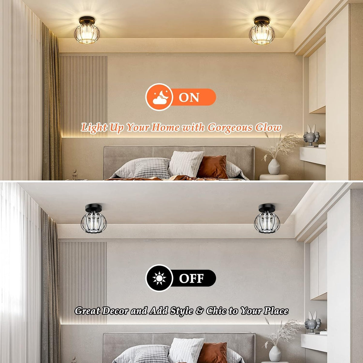2-Pack Semi Flush Mount Ceiling Light Fixtures Small Crystal Black Metal Cage Indoor U132