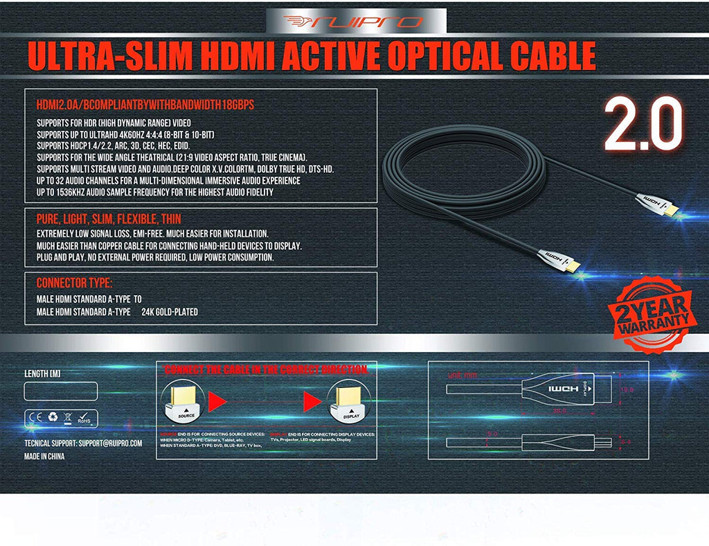 HDMI Ultra Thin Fiber Optic Cable 80ft 4K 60Hz HDMI 2.0b High Speed 18Gbps H374