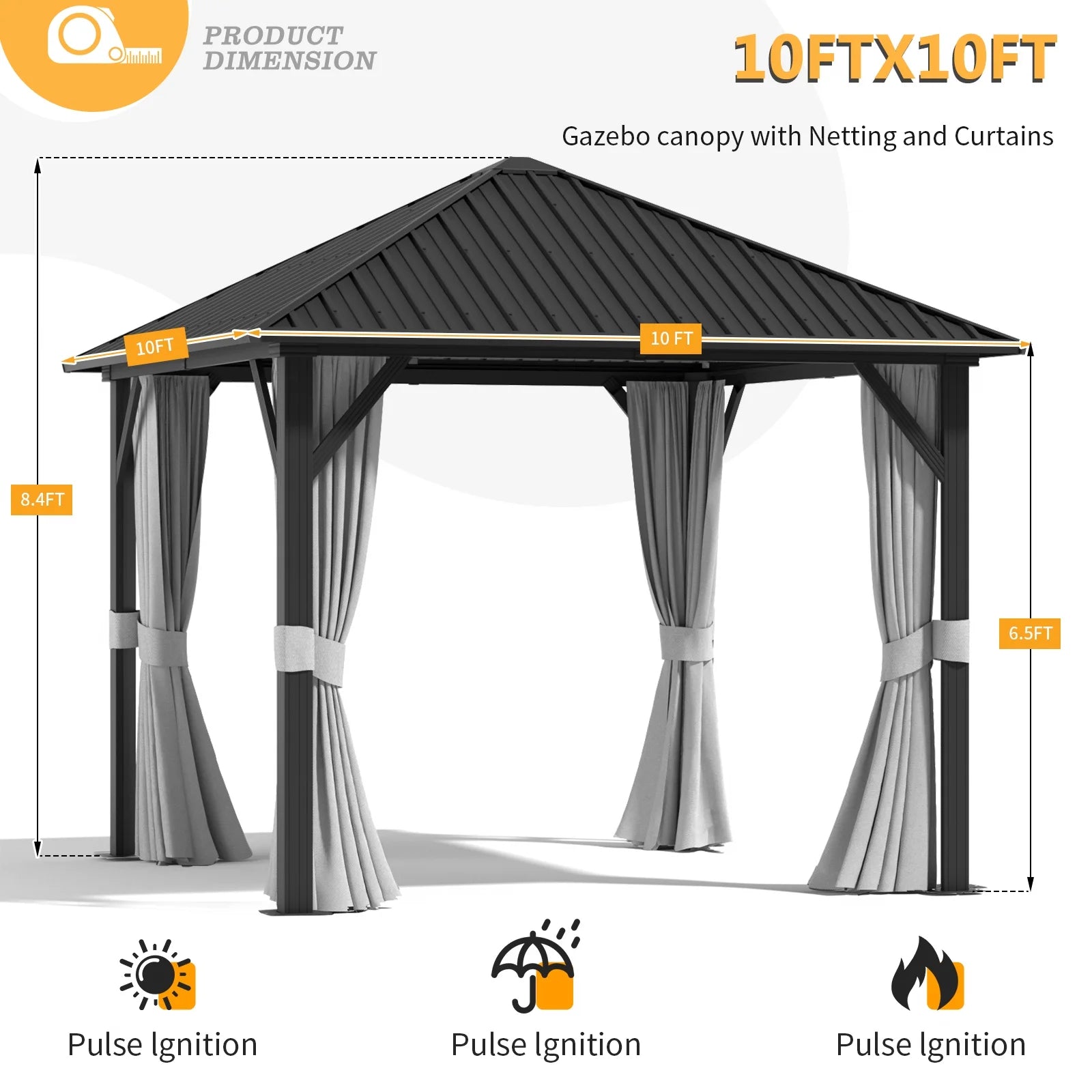 10x 10 Hardtop Gazebo with Netting and Curtain, Gray Z498499