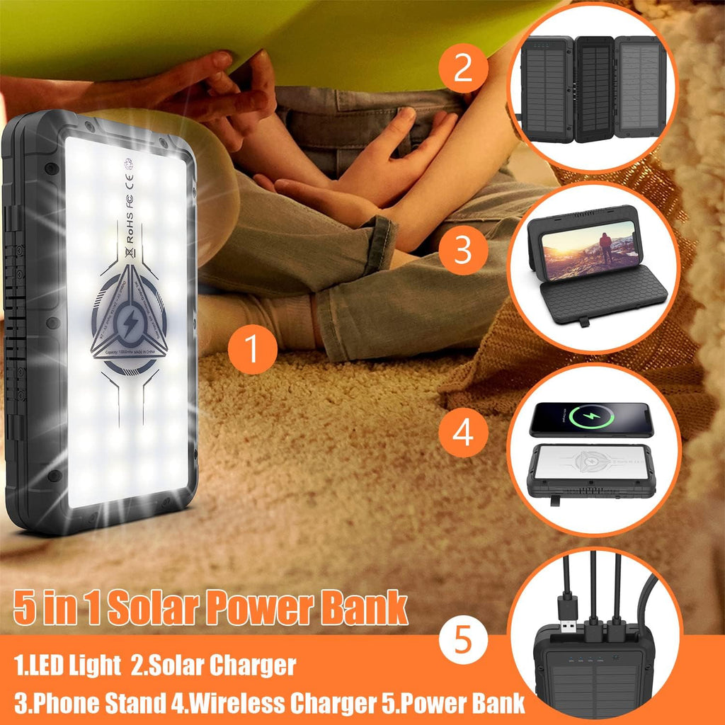 Solar Charger Power Bank 10000mAh with 3 Foldable Solar Panels Wireless Portable Charger Camping Light R74674
