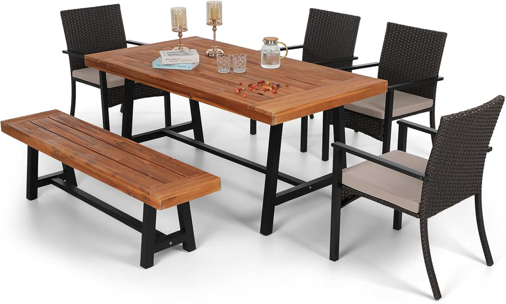 6 Pieces Patio Dining Set with PE Rattan Chairs, Cushions, Rectangle Acacia Wood Table and Bench Z1548