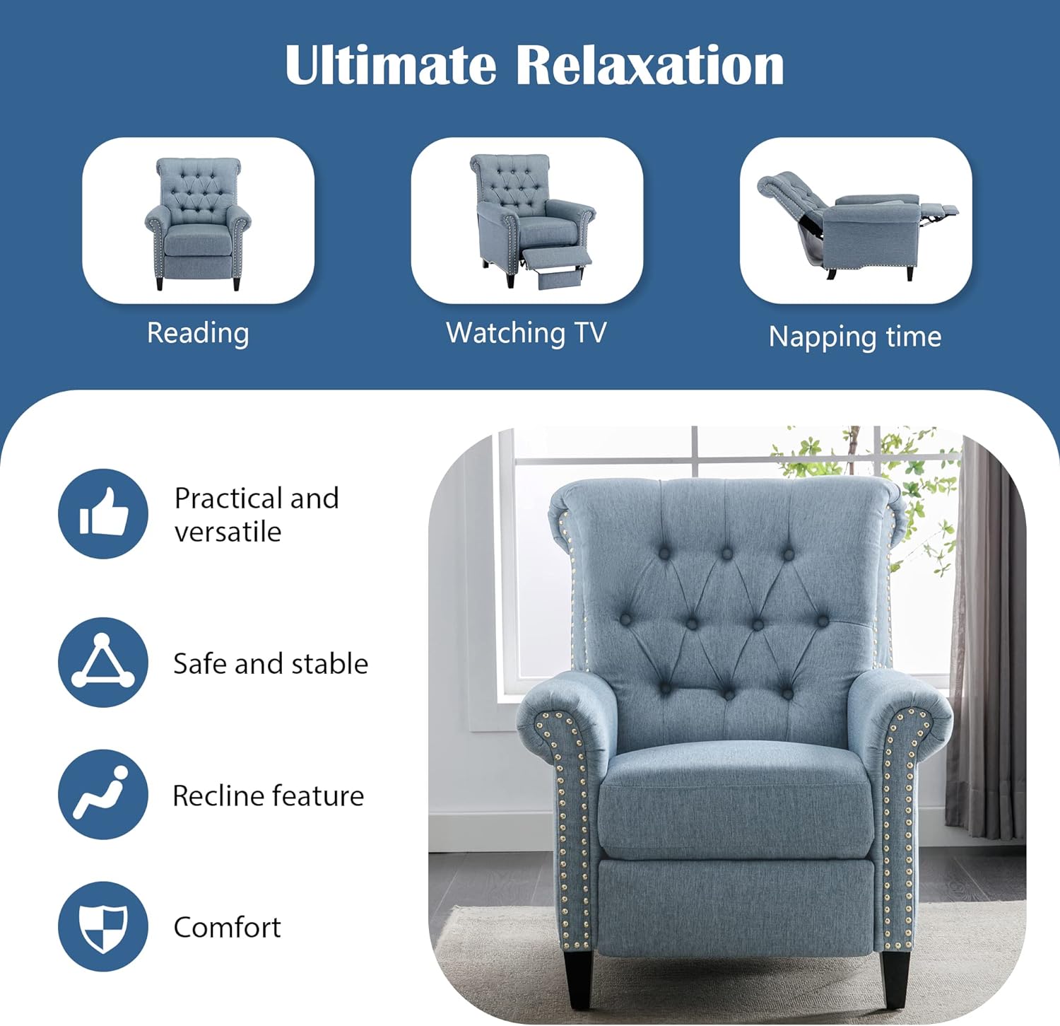 Blue Linen Tufted Recliner Sofa W99782