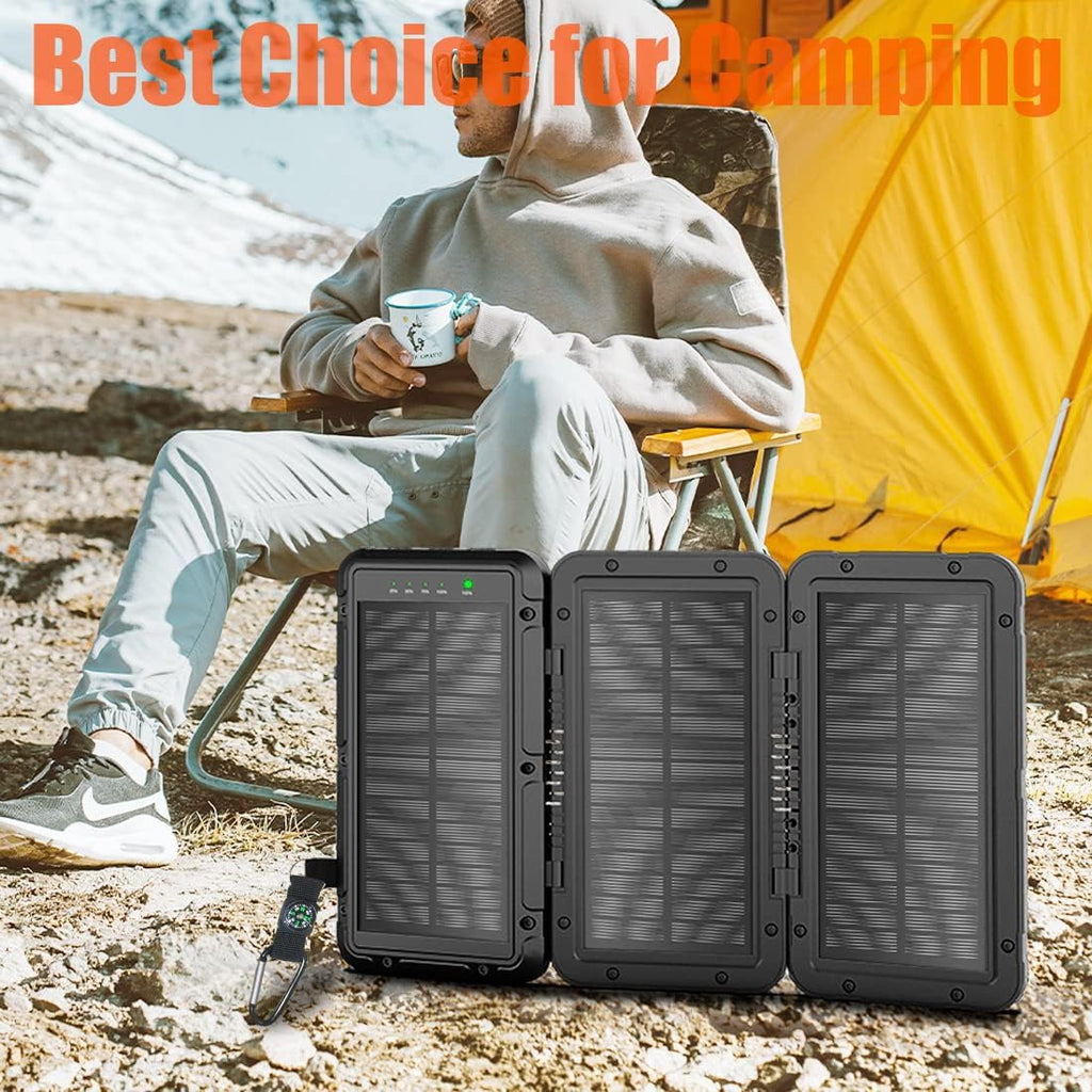 Solar Charger Power Bank 10000mAh with 3 Foldable Solar Panels Wireless Portable Charger Camping Light R74674