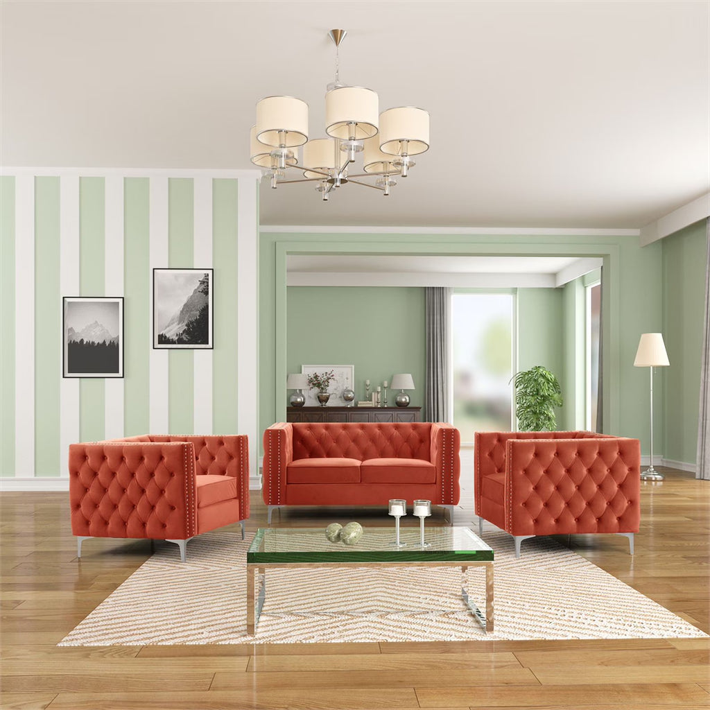 3-PC Velvet Loveseat and 2 Chairs Set Orange D3296
