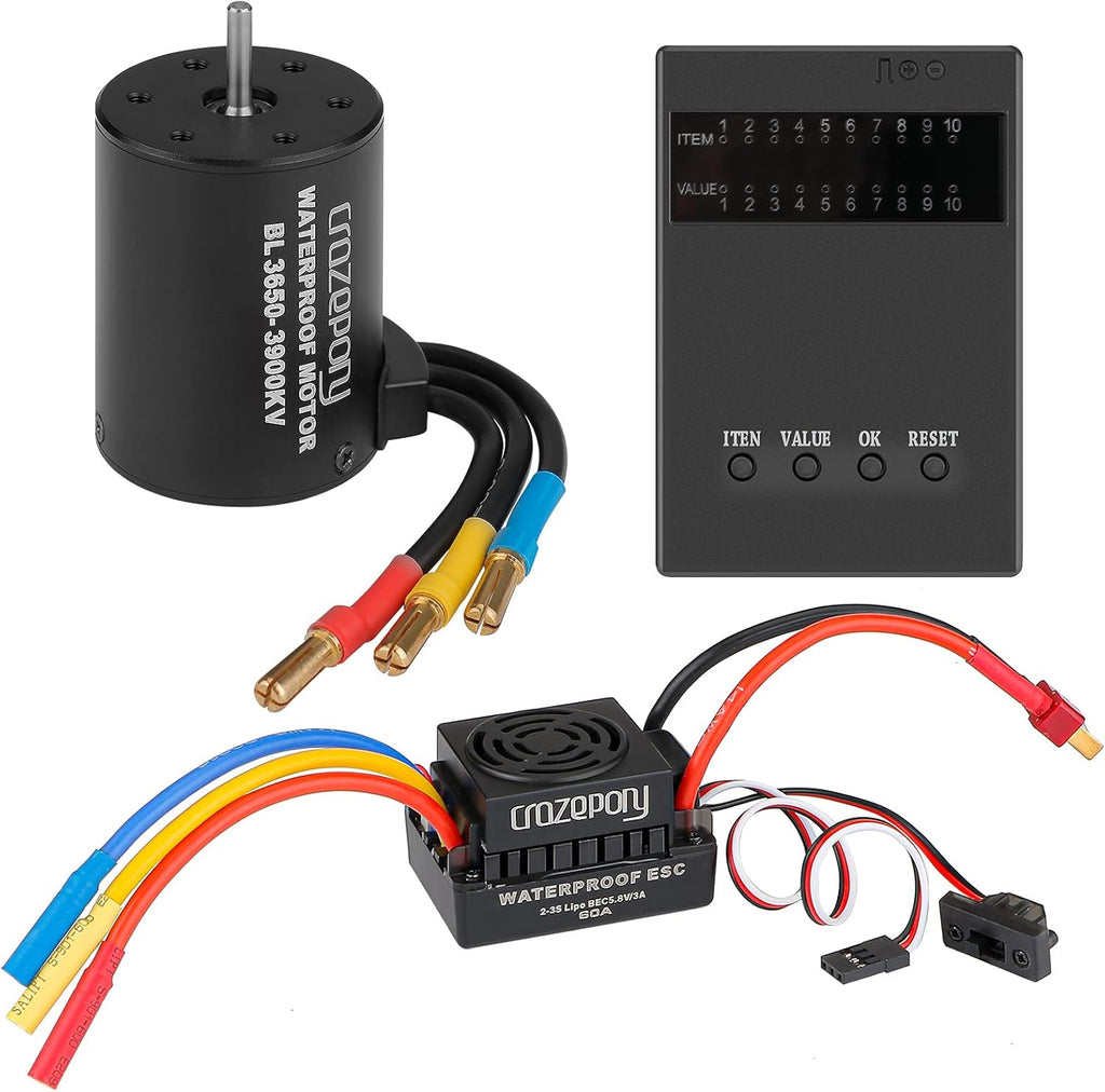 3900KV Sensorless Brushless Motor with 60A ESC Programming Card Waterproof Combo 3.175mm Shaft for 1/10 RC Car Truck Pack of 2 C7970