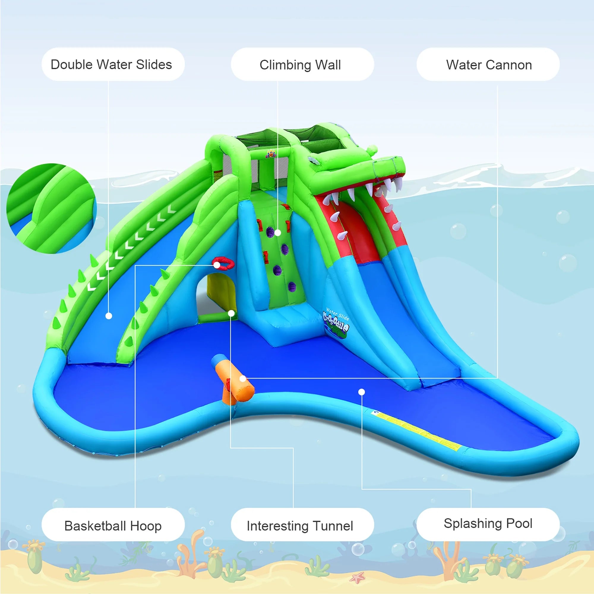 Inflatable Kid Bounce House with Dual Slide and Splash Pool P869